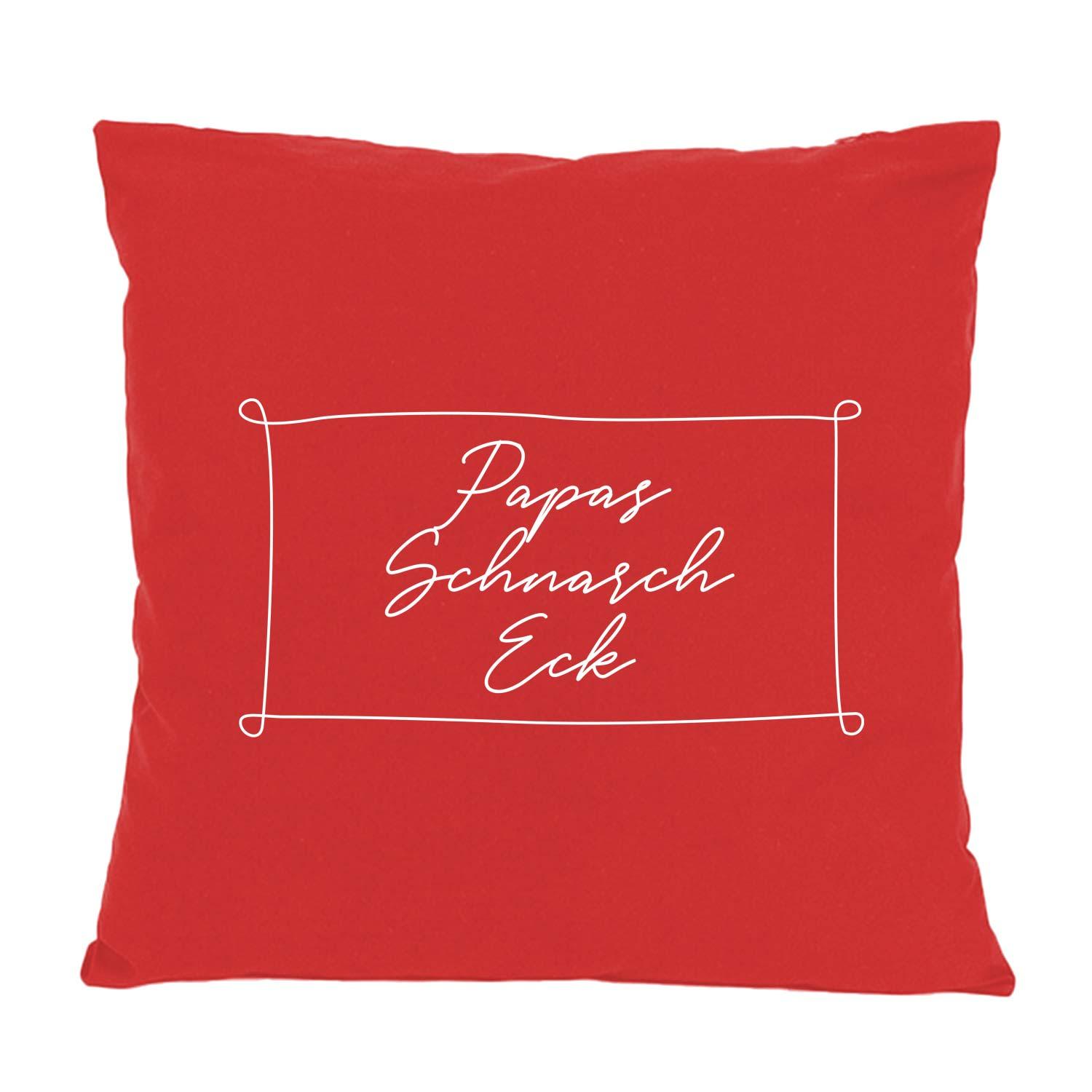 Rotes Kissen Papas Schnarch Eck mit weißer Schrift und Rahmen, Geschenkidee für Väter, gemütliches Wohnaccessoire.