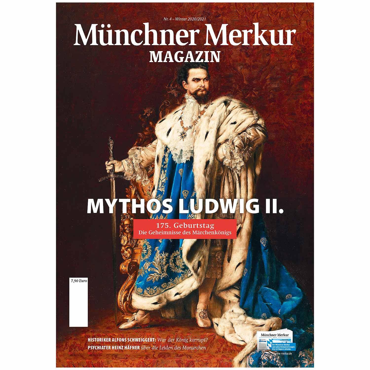 Magazin mit Titel "Mythos Ludwig II.", Cover mit Porträt des Königs vor Schloss, kräftige Blautöne, glänzendes Papier.