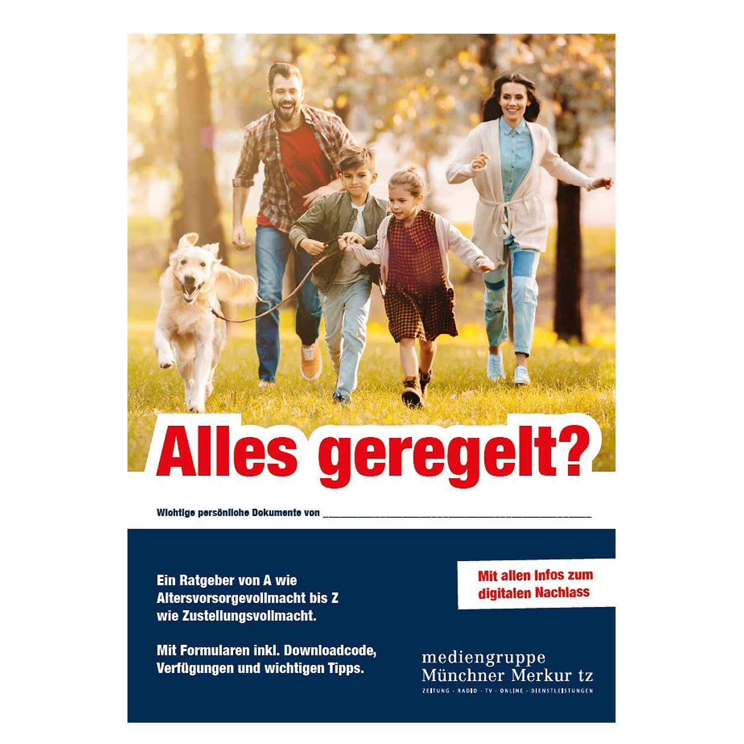 Magazin mit Titel „Ratgeber: Alles geregelt?“ in Weiß und Blau, mit Symbolen zu Rechtsthemen, Broschürenformat.