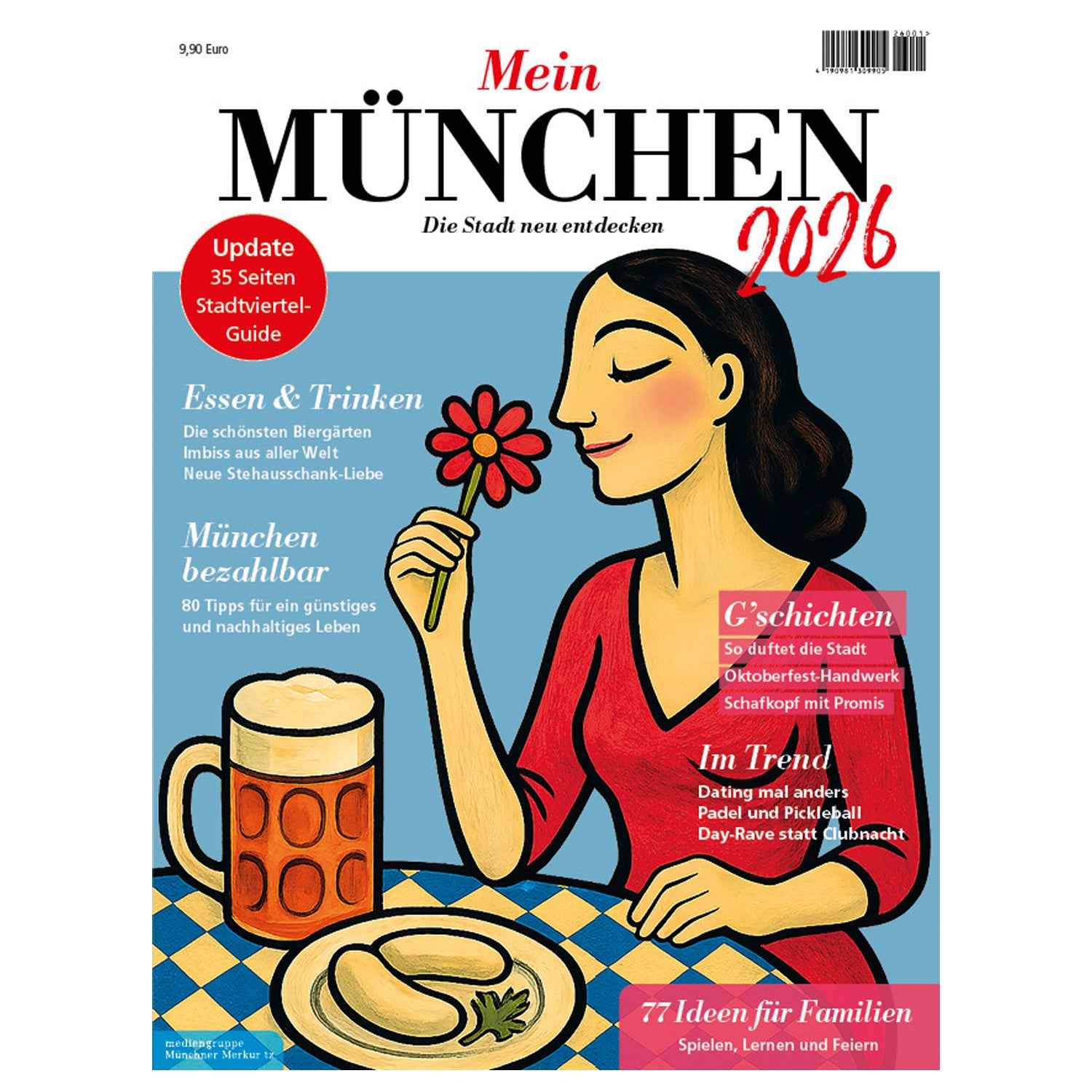 Aktuelles Magazin "Mein München 2026" mit Illustration einer Frau, Bierkrug und Weisswürsten auf blau-gelber Tischdecke.
