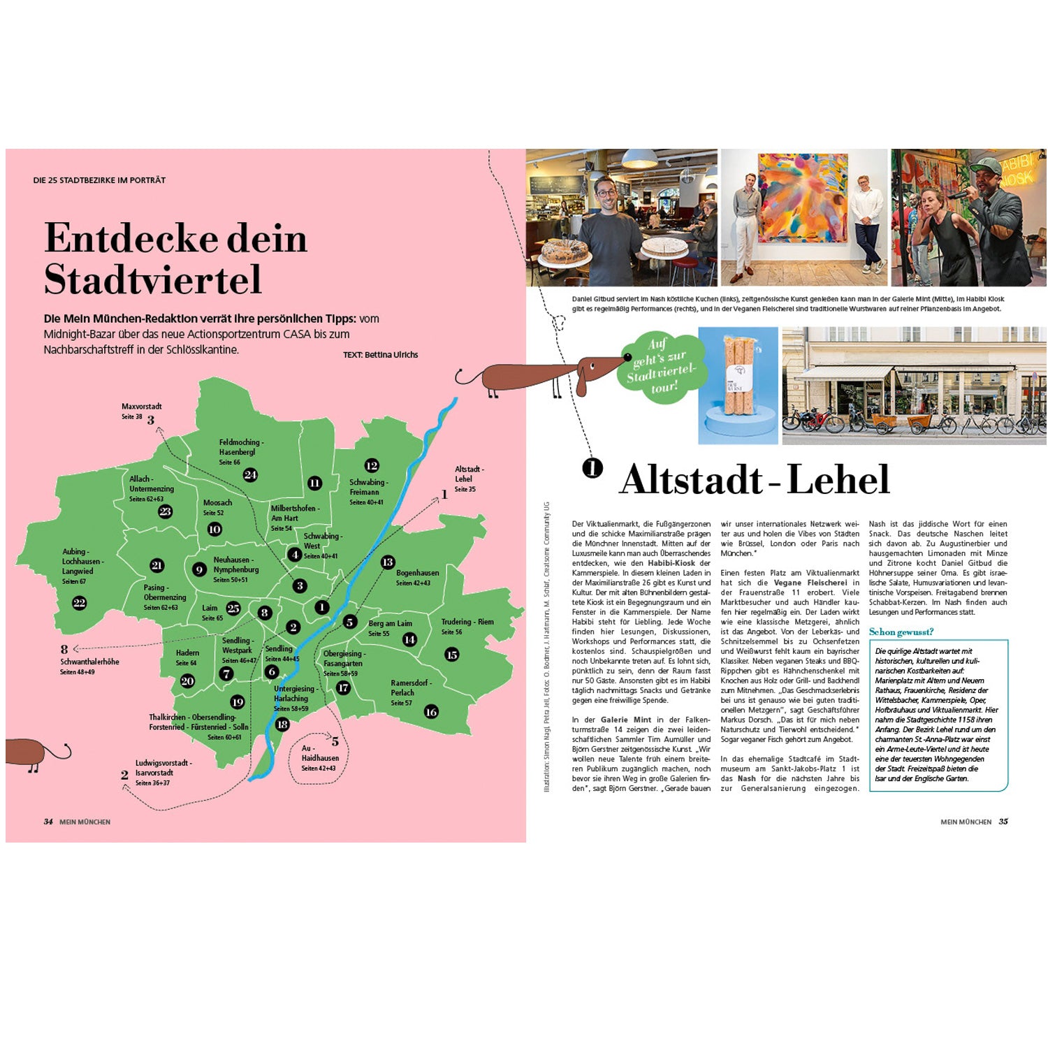 Landkarte Münchens mit Stadtvierteln, Artikel über "Mein München 2026" und Produktbild Magazin.