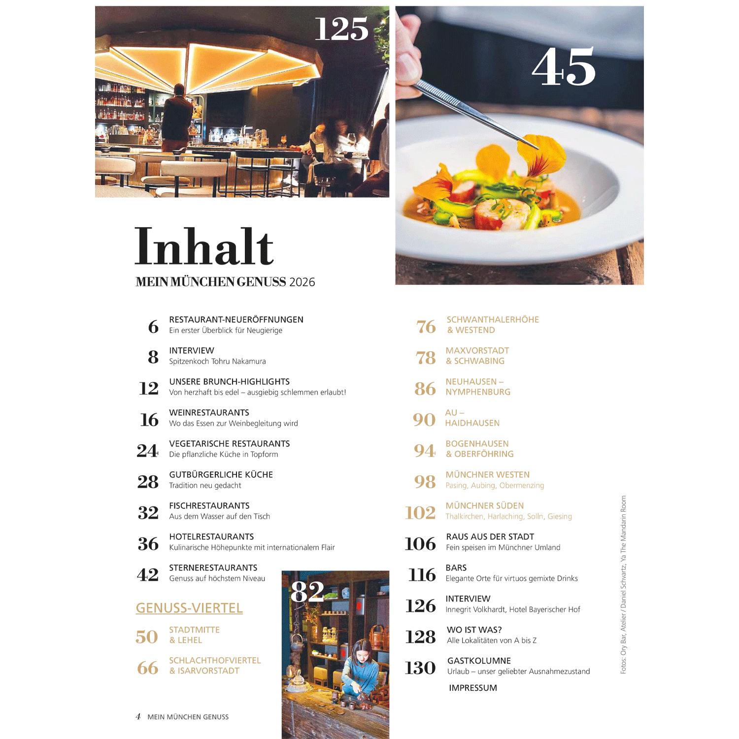 Titelblatt Magazin Mein München Genuss 2026 mit Inhaltsverzeichnis, Restaurant- und Barkultur.