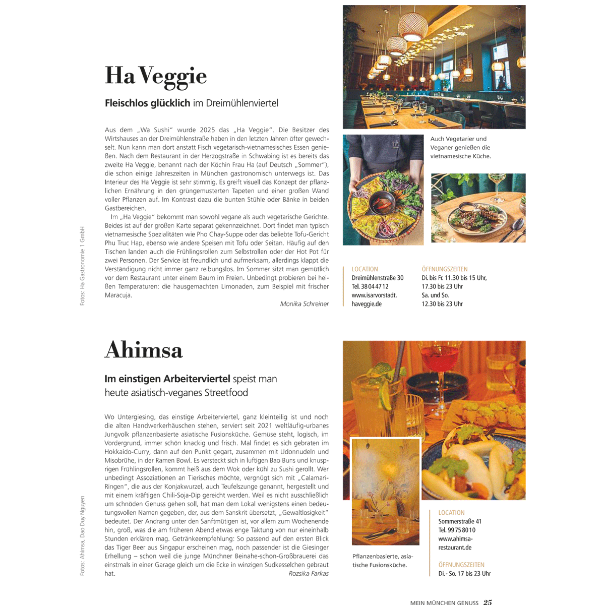 Magazinartikel "Mein München Genuss 2026" mit Fokus auf vegetarisch/vegane Restaurants.