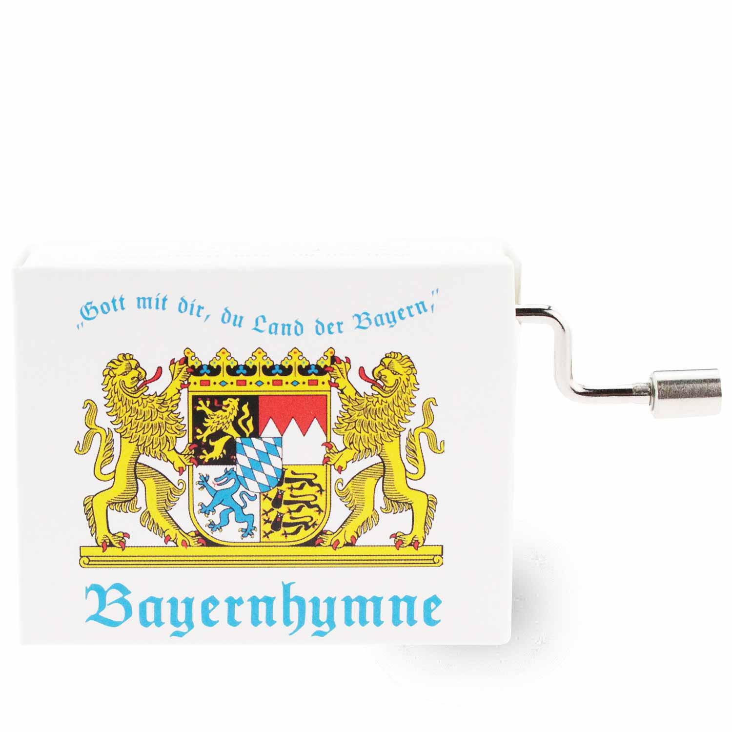 Mini-Drehorgel in blauer Metallbox mit weißem Rautenmuster, Kurbel und Schriftzug „Bayernhymne“.