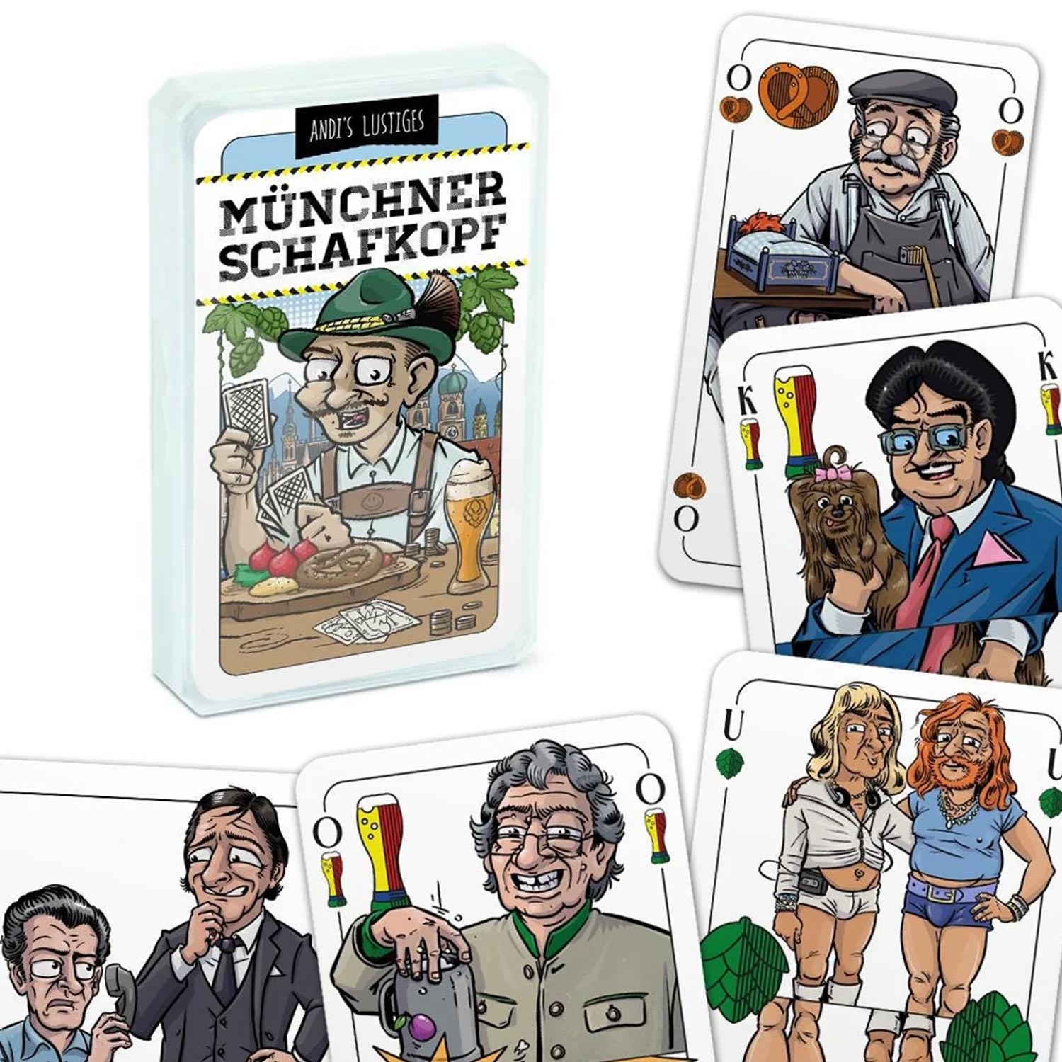 Bayerisches Schafkopf-Kartendeck mit Münchner Persönlichkeiten als Karikaturen im Comic-Stil, 32 Spielkarten im Etui.