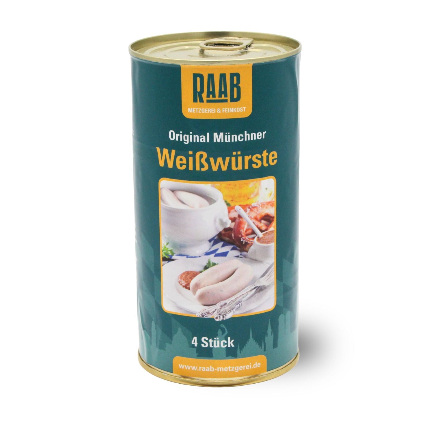 Grüne Dose Original Münchner Weißwürste 4 Stück mit Produktbild der fertigen Würste serviert.