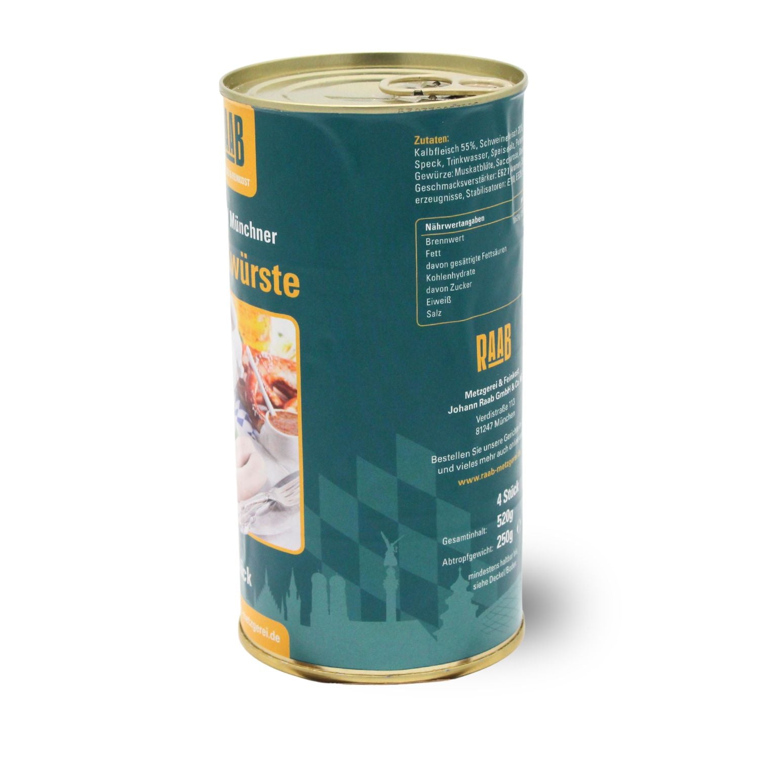 Grüne Dose Münchner Weißwürste im Glas mit gelbem Etikett, 4 Stück, 520g Gesamtinhalt.