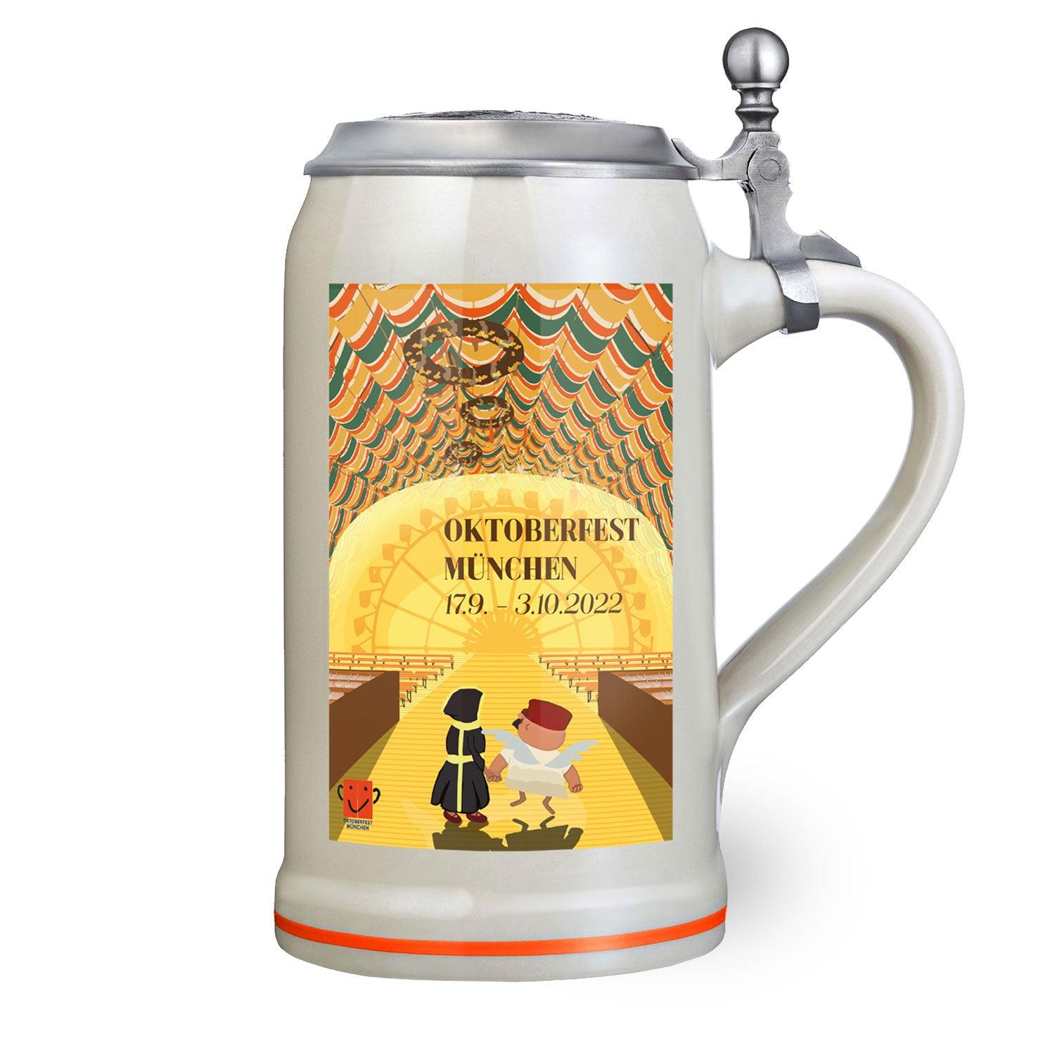 Limitierter Oktoberfestkrug 2022 aus Steingut mit Zinndeckel, farbigem Dekor und Schriftzug „Oktoberfest 2022“, 1,0 l.