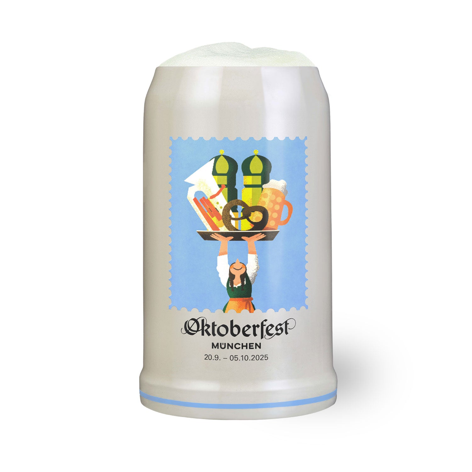 Oktoberfest Jahreskrug 2025 aus Steingut mit Plakatmotiv, zylindrische Form, Henkel, 1 Liter, grau-beige.