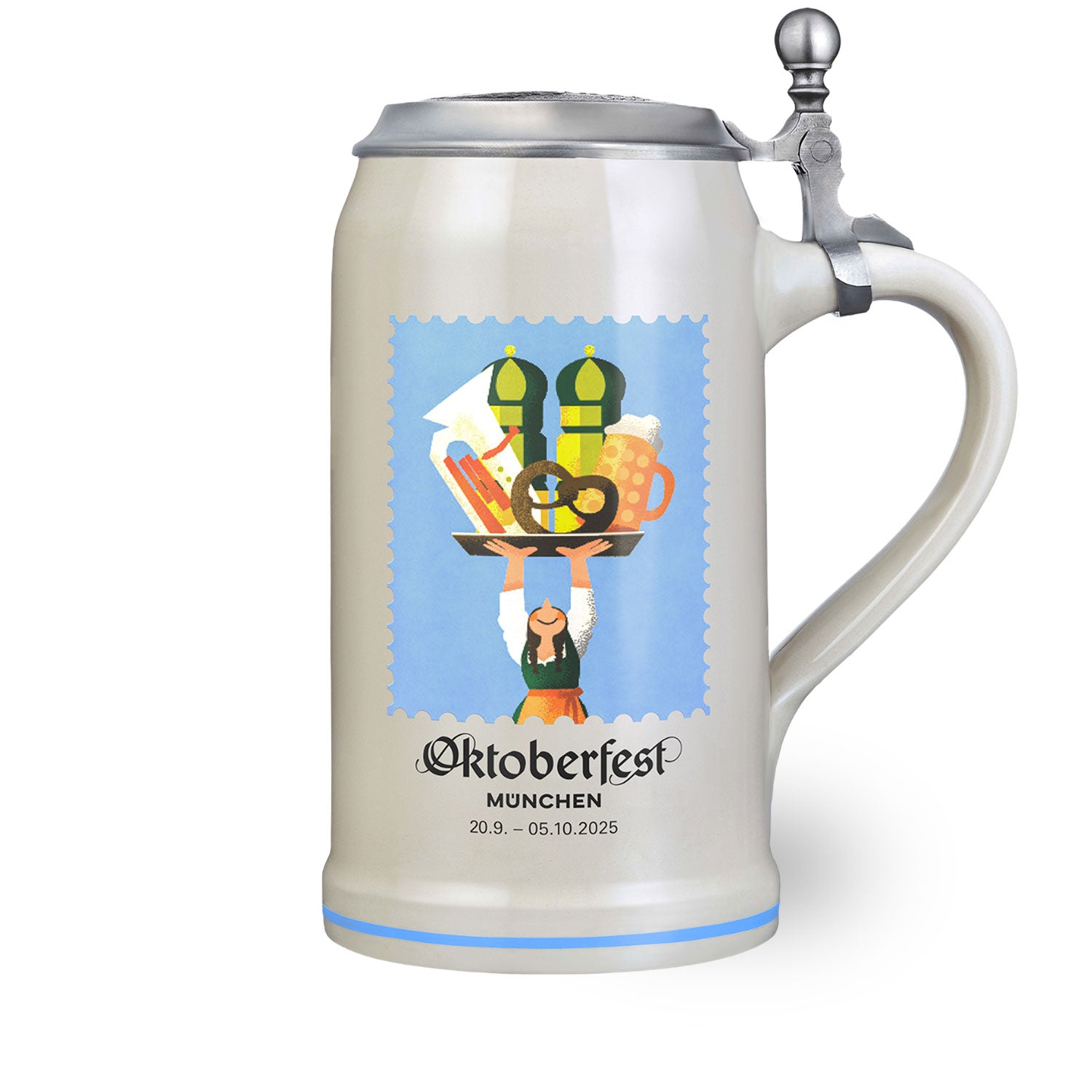Oktoberfest Sammlerkrug 2025 aus Steingut mit geprägtem Zinndeckel und farbigem Plakatmotiv, 1 Liter