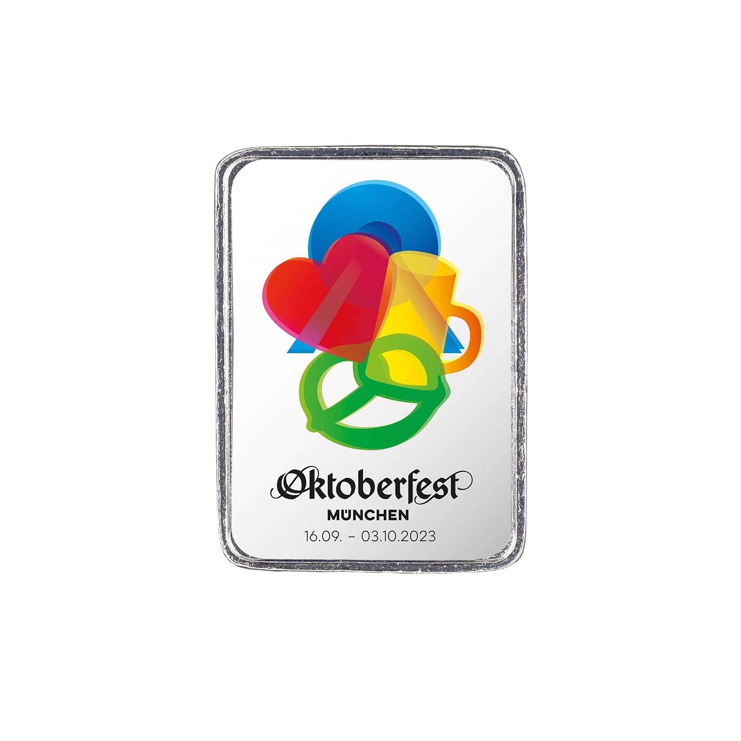 Metall-Pin mit farbigem Oktoberfest-2023-Motiv, offizieller Schriftzug, ca. 3,8 x 2,7 cm, lizenziert.