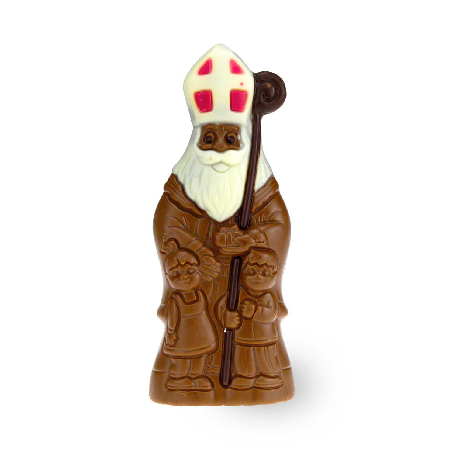 Schokoladen-Nikolaus in Glanzfolie mit bayerischem Schriftzug, trägt Tracht mit Brezel-Detail, braun und silber.