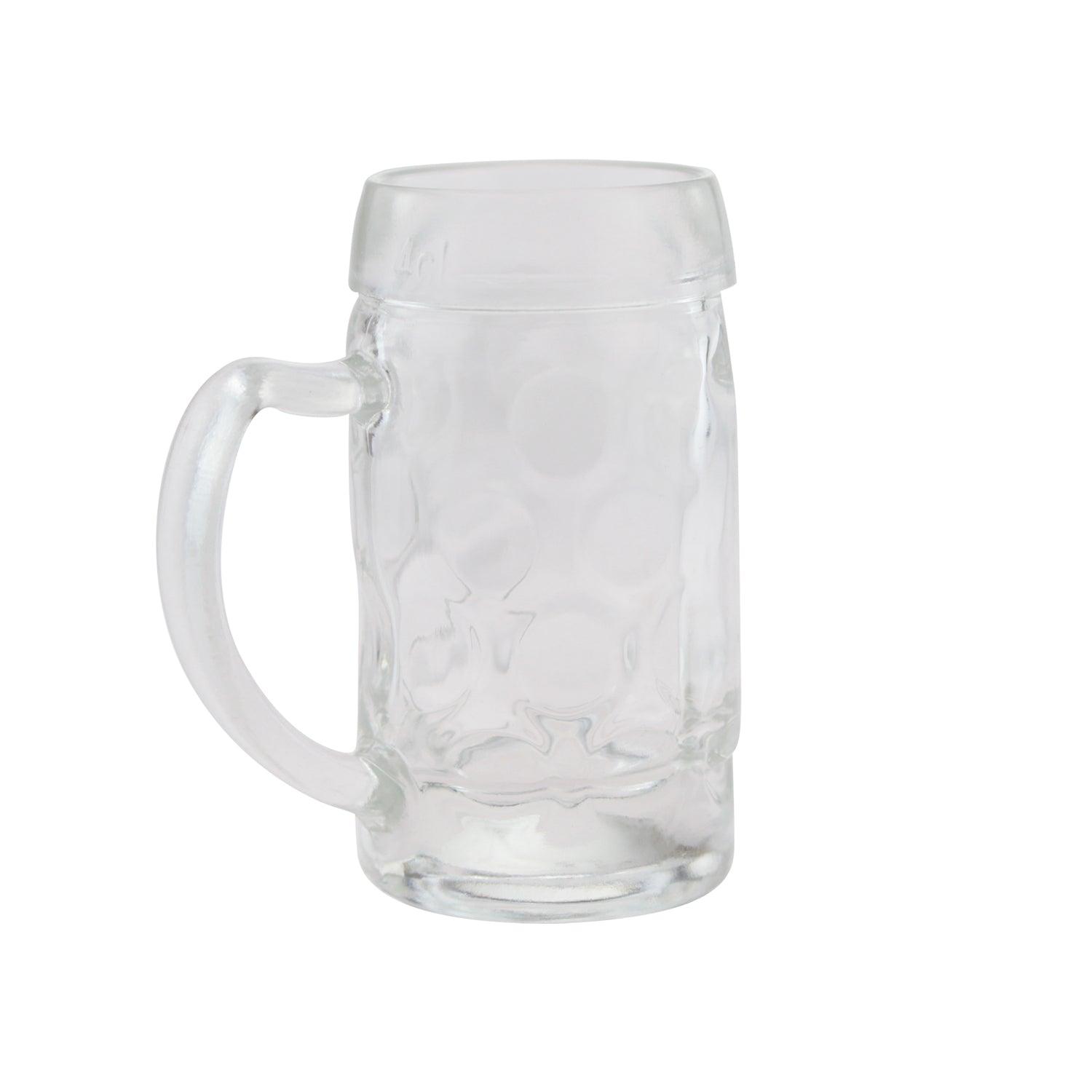 Personalisierter Mini-Bierkrug aus klarem Glas mit Henkel, Gravurfläche und detailreicher Wunschgravur, 40 ml.