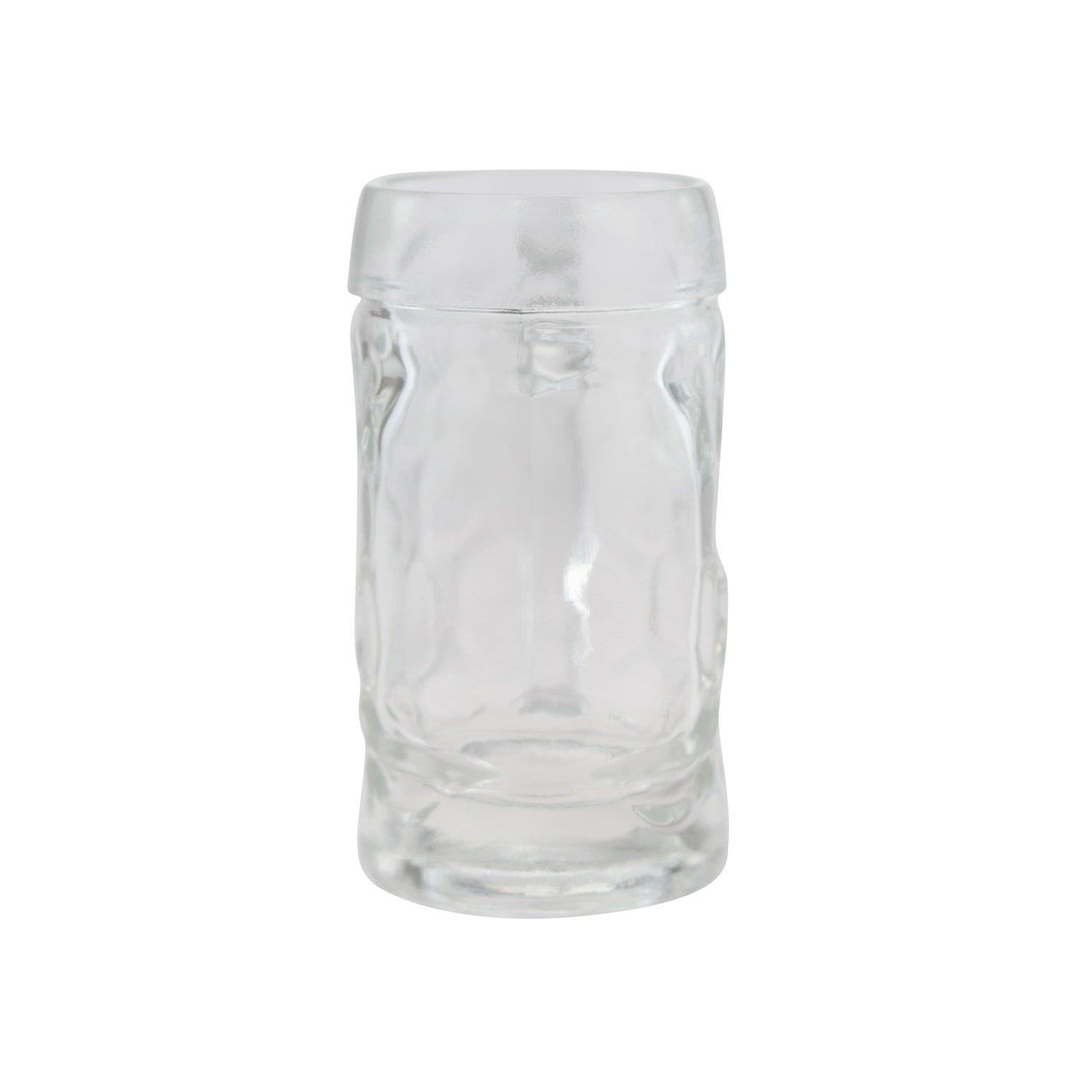 Personalisierter Mini-Bierkrug aus klarem Glas mit Gravur, zylindrischer Form, Henkelgriff, 40 ml Fassungsvermögen.