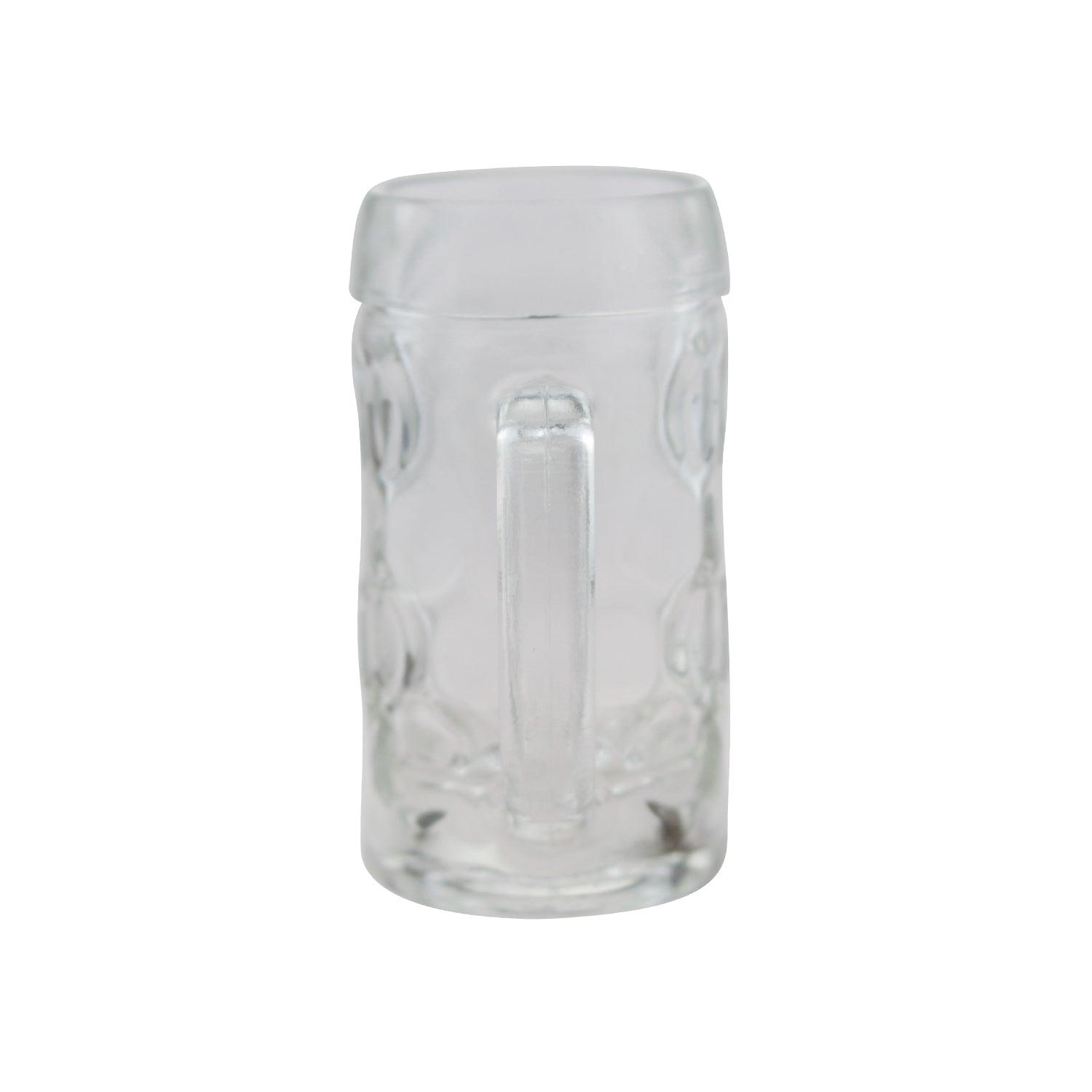 Kleiner, transparenter Glaskrug mit Henkel und individueller Gravur auf der Vorderseite, aus klarem Glas, 40 ml.