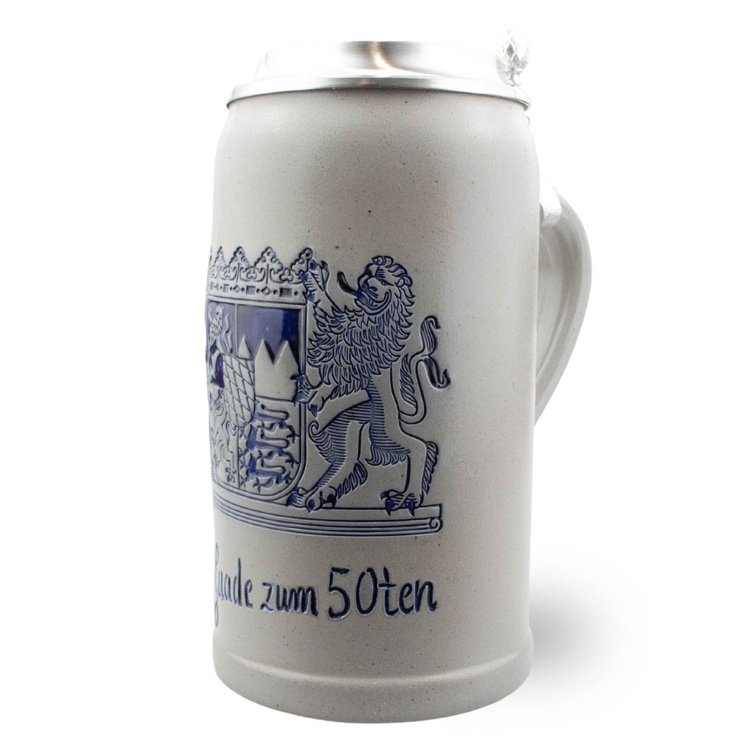 Personalisierbarer Bierkrug aus Steinzeug mit Zinndeckel, Salzglasur, Bayern-Wappen und blauer Gravur.
