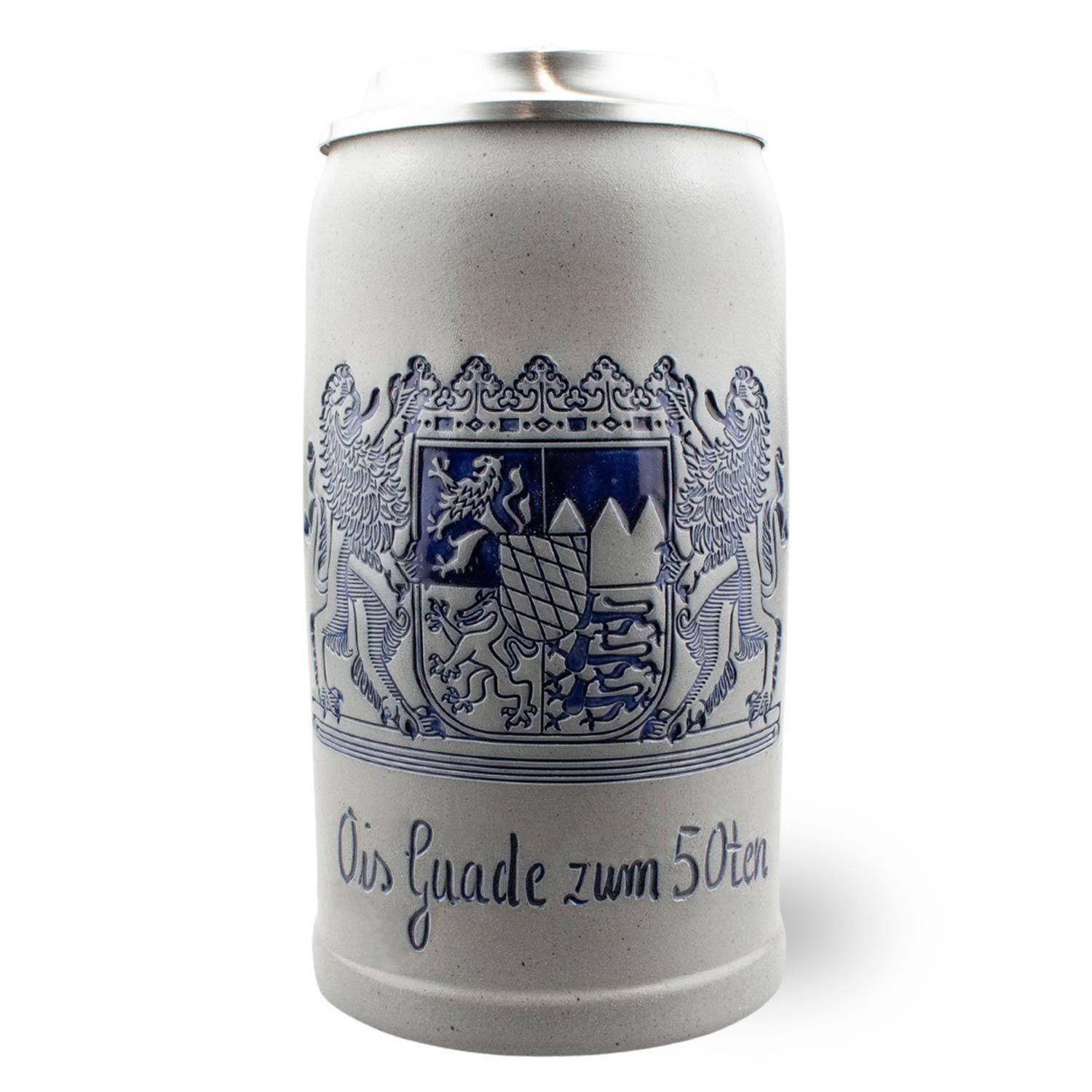 Personalisierbarer Bierkrug aus Steinzeug mit Zinndeckel, blauem Freistaat-Bayern-Schriftzug und Salzglasur, 1 Liter.