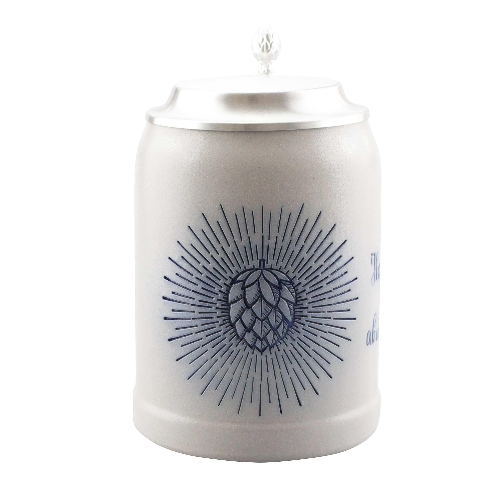 Traditioneller Bierkrug aus Steinzeug mit Zinndeckel, Gravur „Holy Hopfen“, Salzglasur, 0,5 l, handbemalt in Blau.