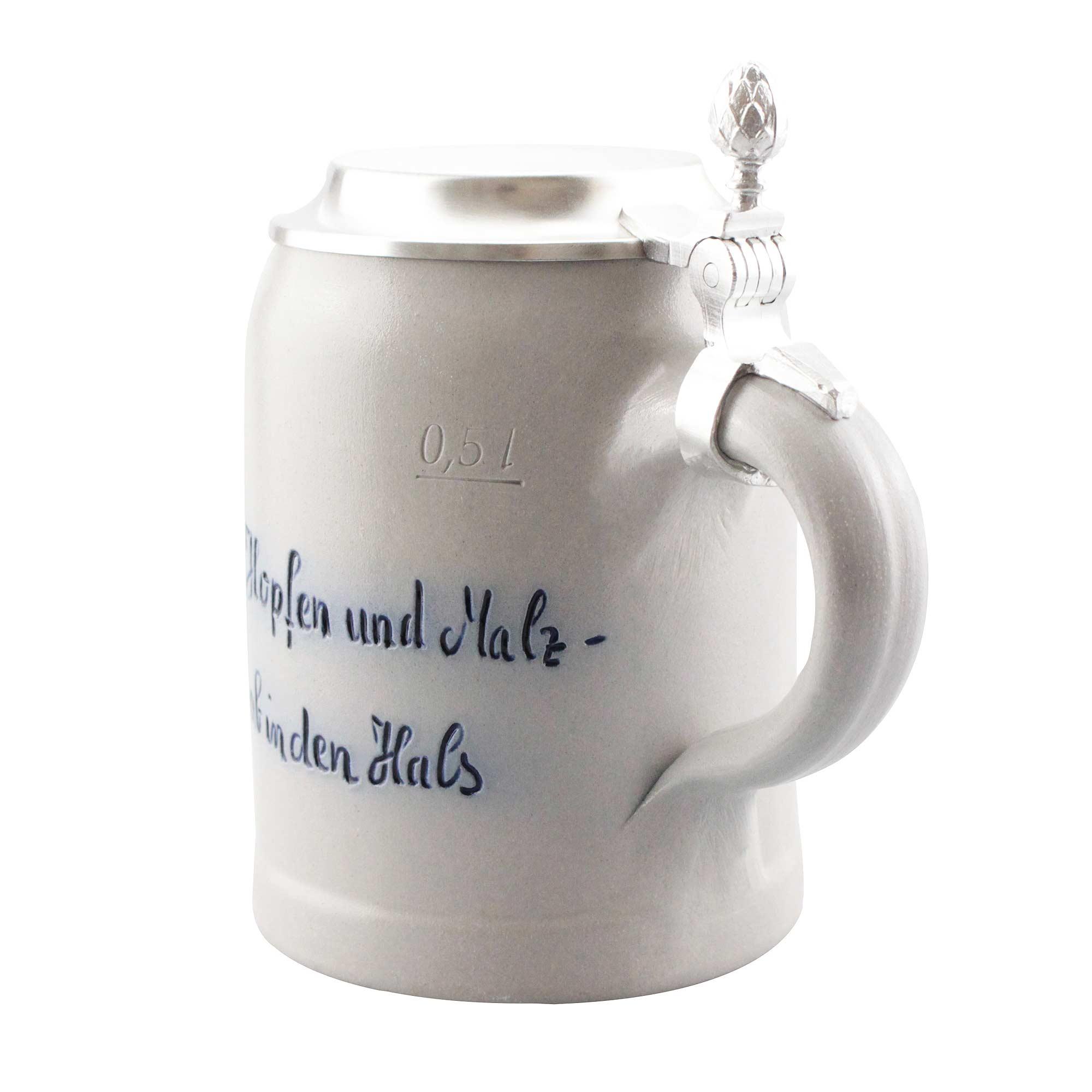 Steinbierkrug mit Zinndeckel, Salzglasur, Gravur „Holy Hopfen“ und personalisiertem Namenszug, 0,5 l.