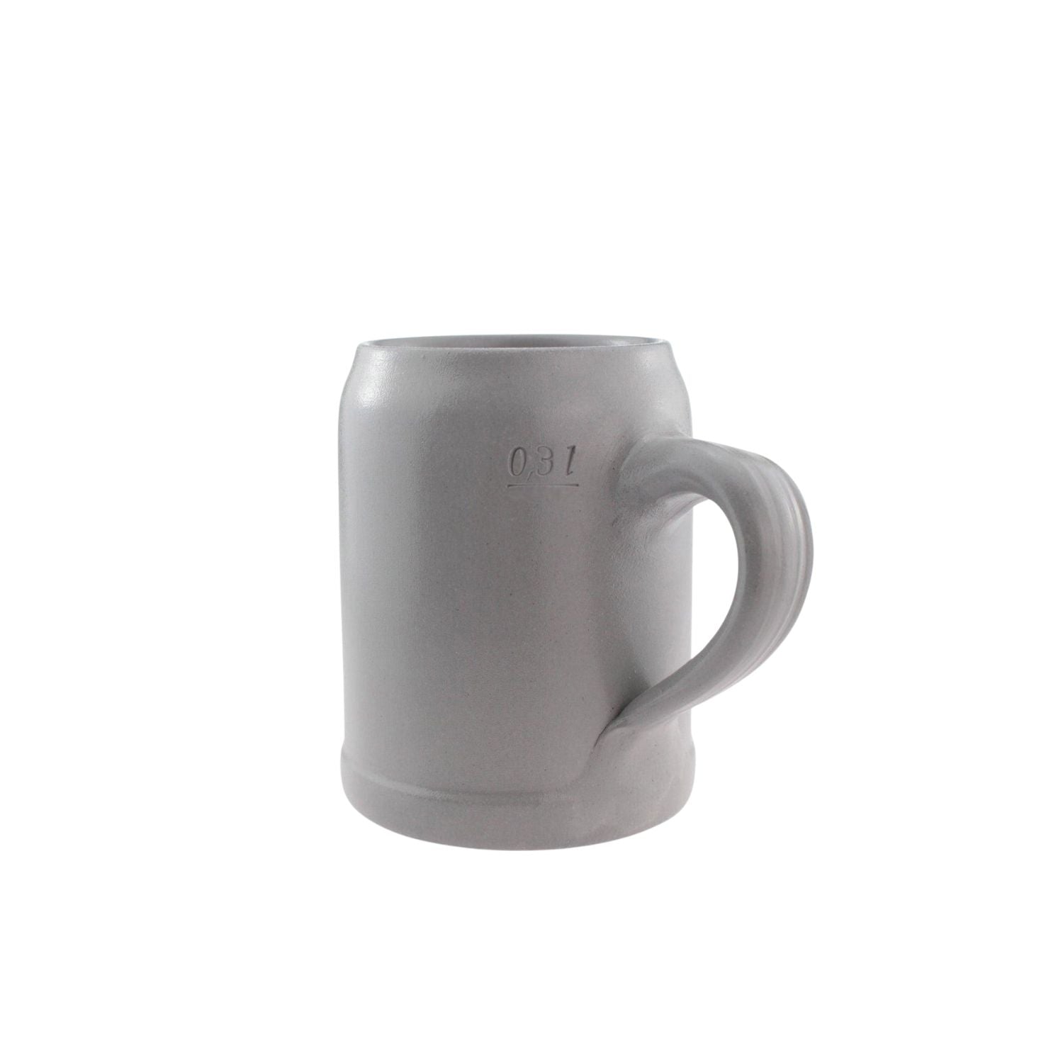Grauer matter Steinkrug mit klassischem Henkel und 0,3-Liter-Messskala. Ideal für personalisierte Gravuren.