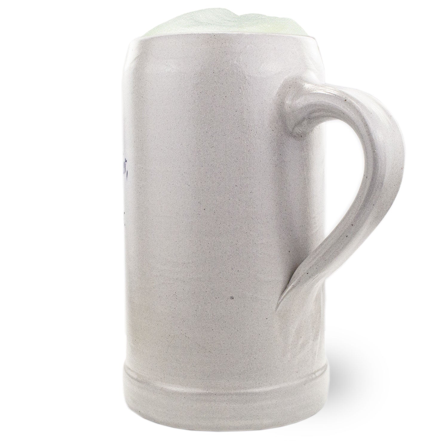 Salzglasierter Steinkrug mit blauer Wunschgravur, zylindrischer Form und Henkel, handgefertigt, 2 Liter.