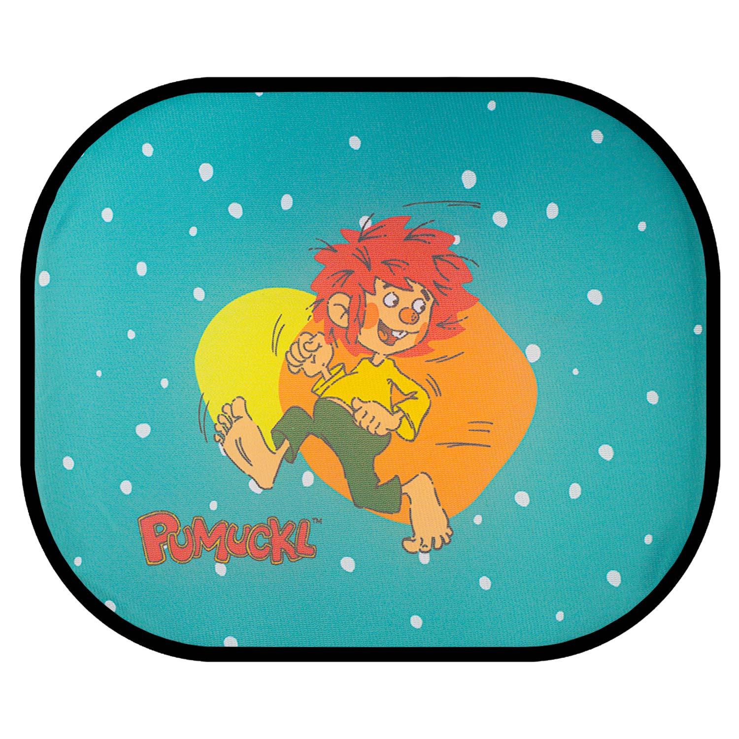 Pumuckl Auto Sonnenschutz türkis mit Pumuckl in Gelb-Orange und weißen Punkten, schützt vor Sonne.