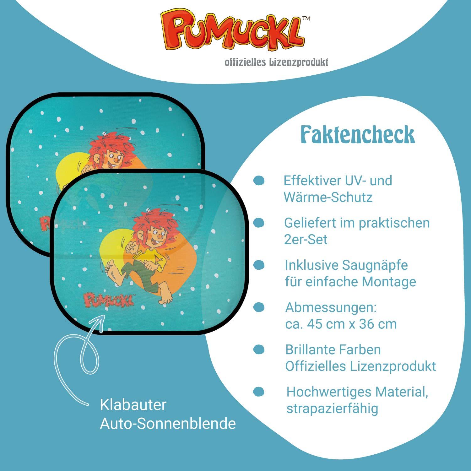 Zwei Pumuckl Auto Sonnenschutz Blenden mit lustigem Klabauter auf blauem Hintergrund, inkl. Fakten.
