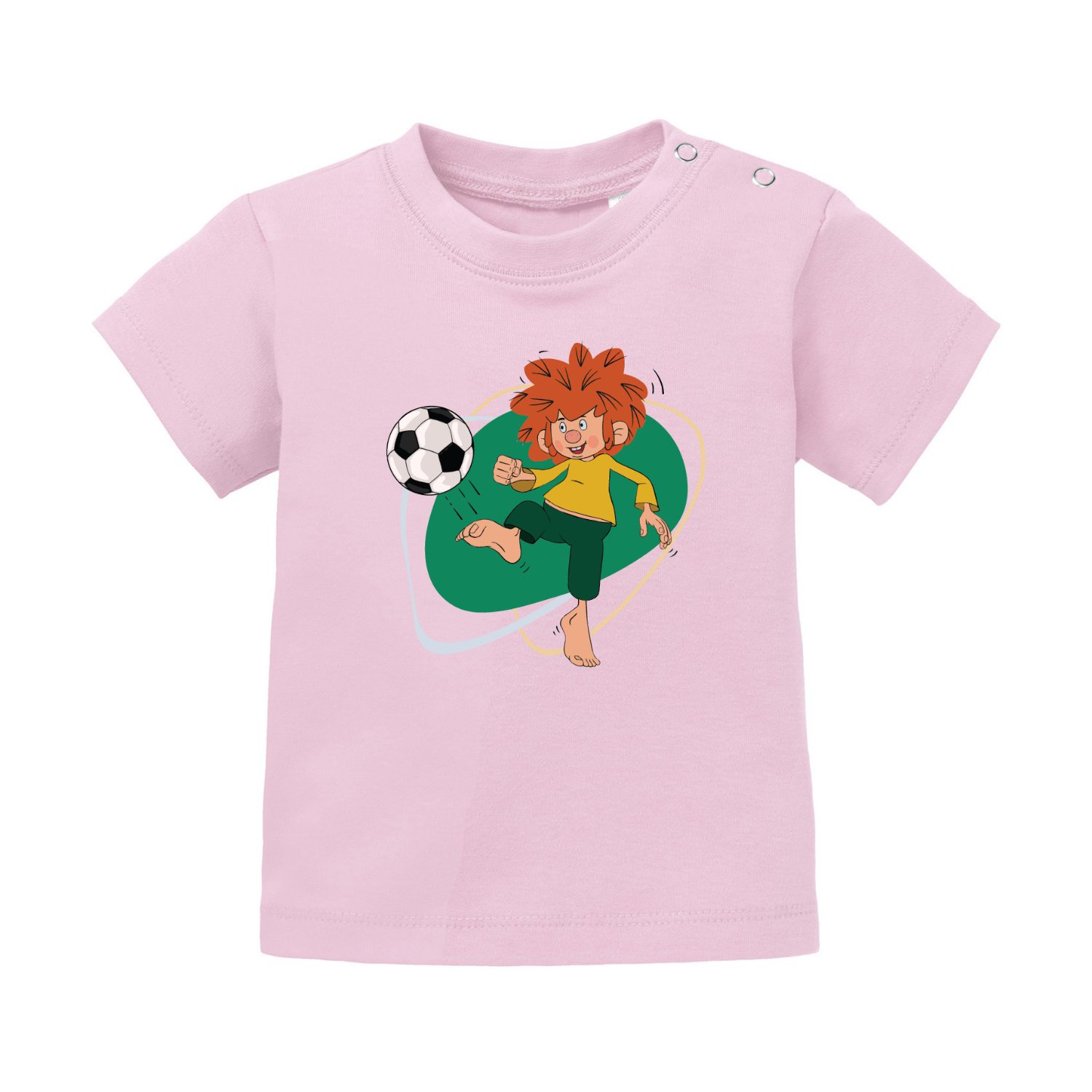 Rosa Pumuckl Baby T-Shirt mit rotem Haar, grünem Pullover und Fußballmotiv für Kleinkinder