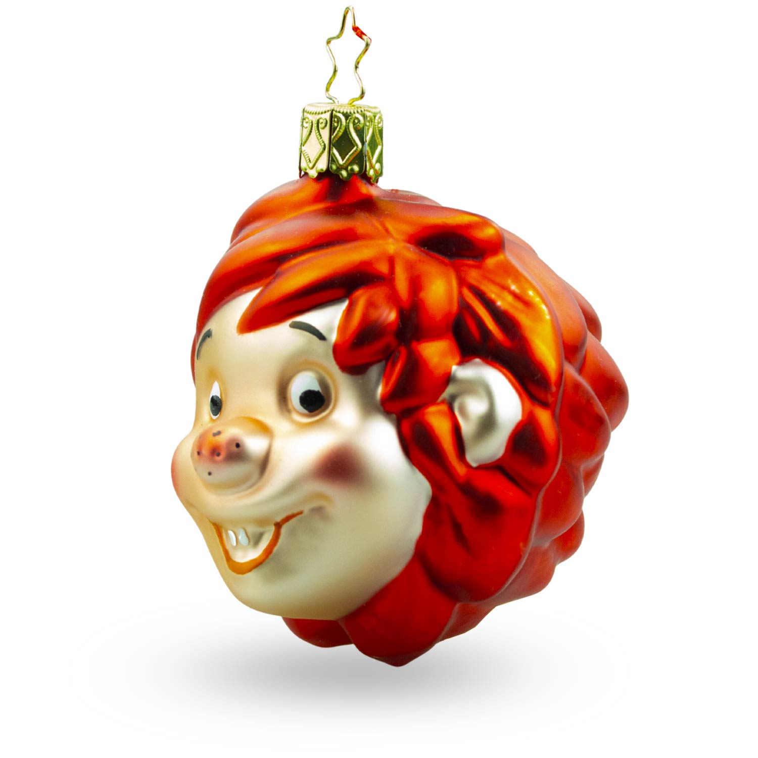 Mundgeblasene Glas-Weihnachtskugel mit handbemaltem Pumuckl-Motiv, runde Form, ca. 7 x 7 cm.