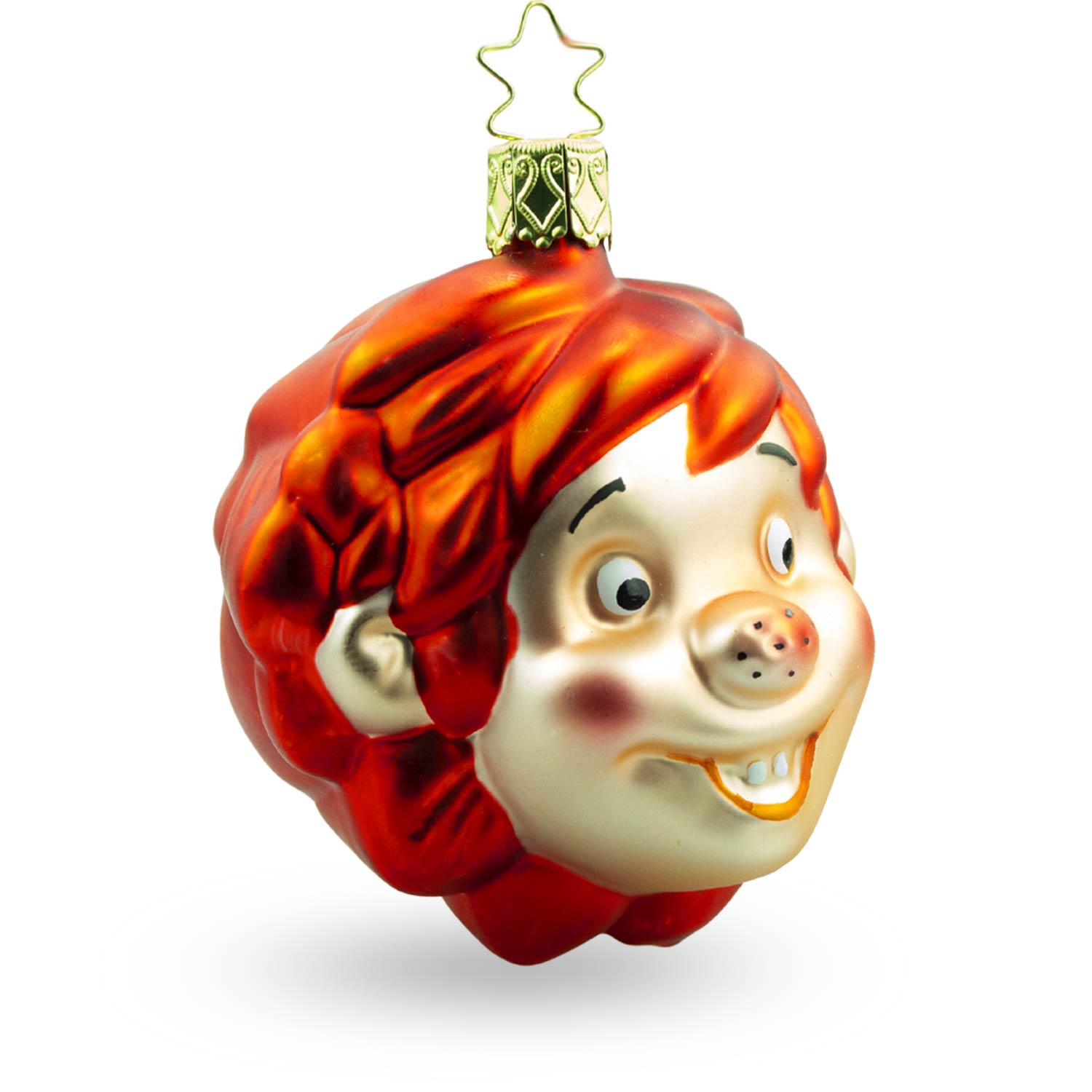 Mundgeblasene, handbemalte Weihnachtskugel aus Glas mit Pumuckl-Figur, rund, ca. 7 x 7 cm.