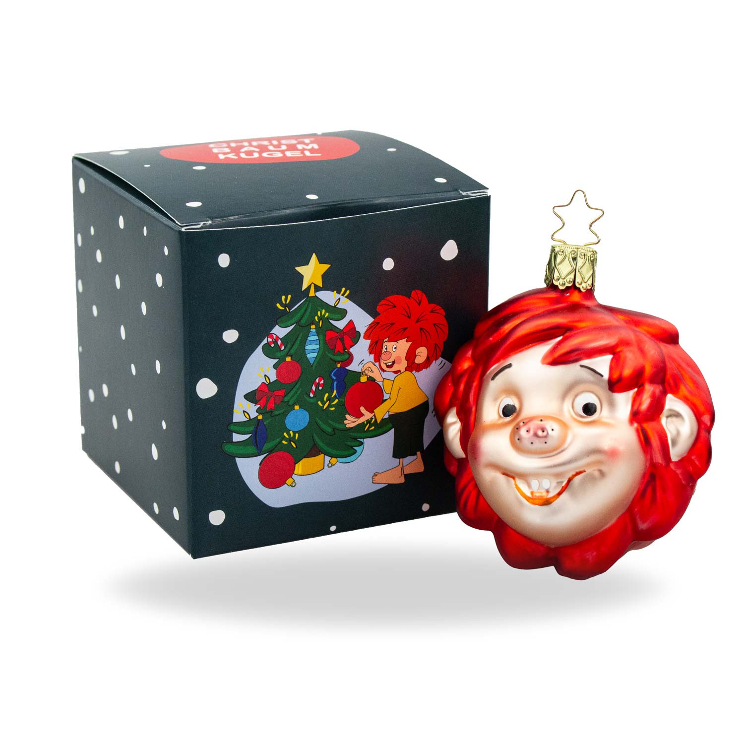 Mundgeblasene, handbemalte Pumuckl-Christbaumkugel aus Glas mit Comicfigur-Motiv, rund, ca. 7 x 7 cm