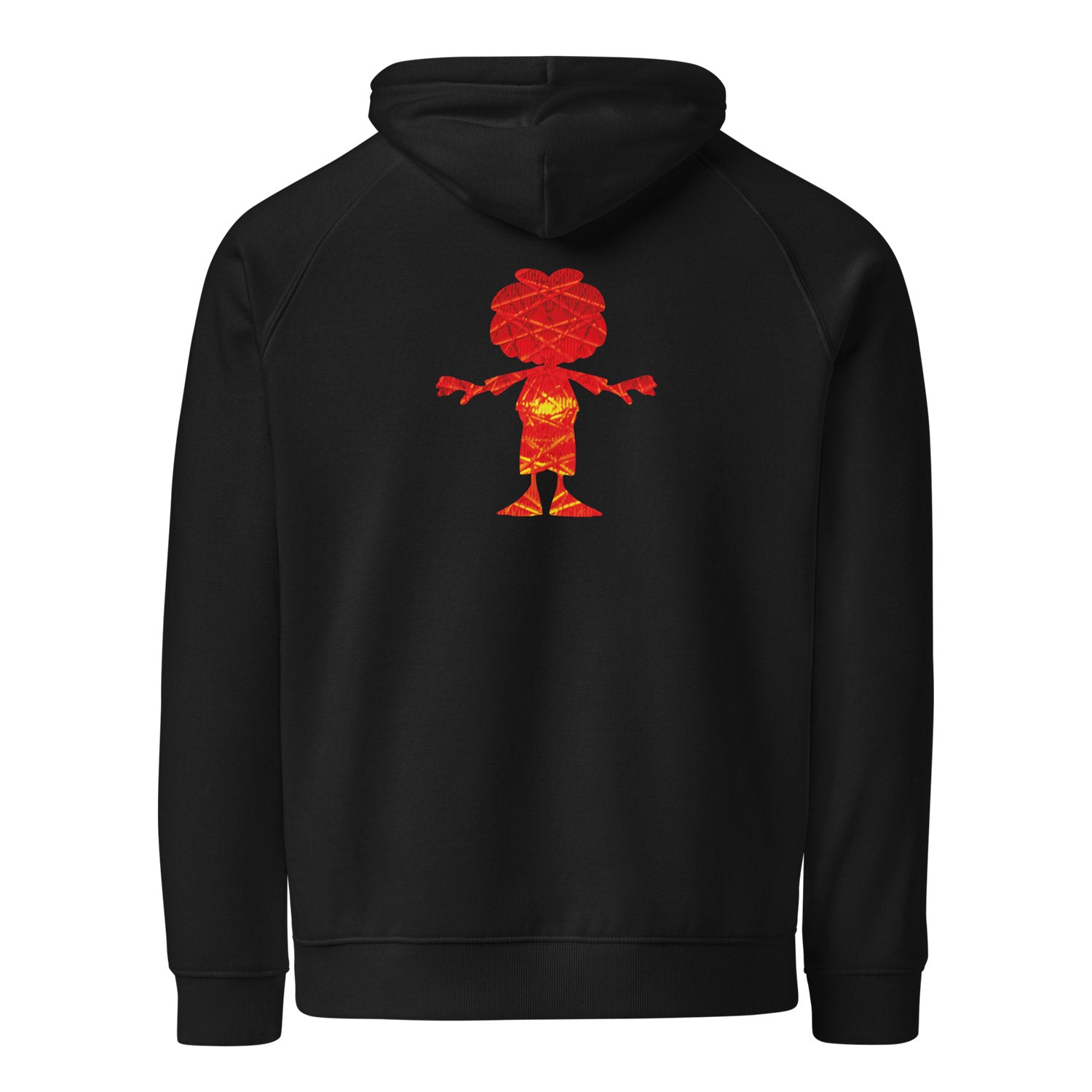 Damen Hoodie mit Kapuze in dunkler Farbe, Pumuckl-Motiv vorn und hinten, Sonderedition aus Bio-Baumwolle.