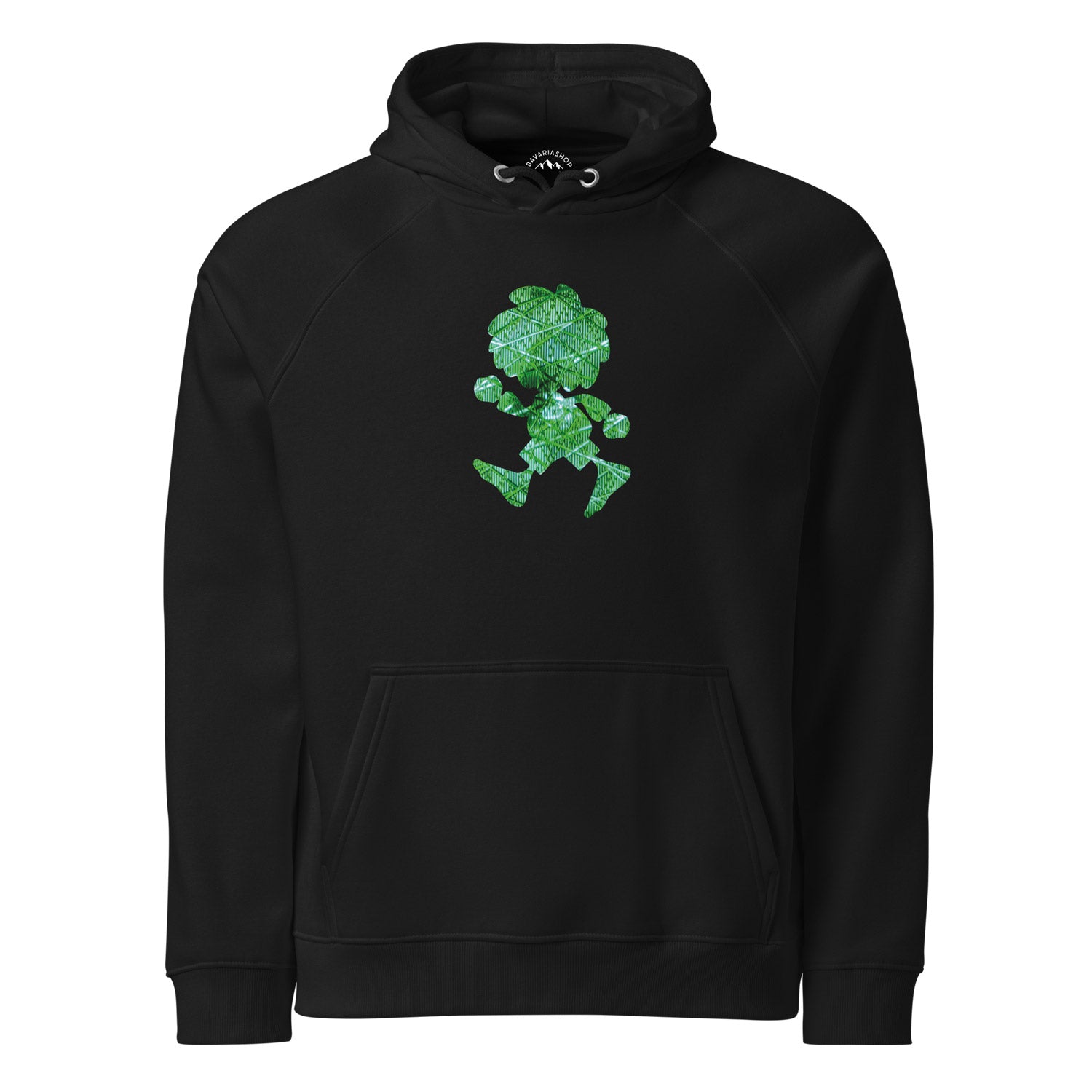 Schwarzer Damen Hoodie mit Pumuckl-Print vorn und hinten, Kapuze, Kordelzug, Bio-Baumwolle, Ampel-Sonderedition.
