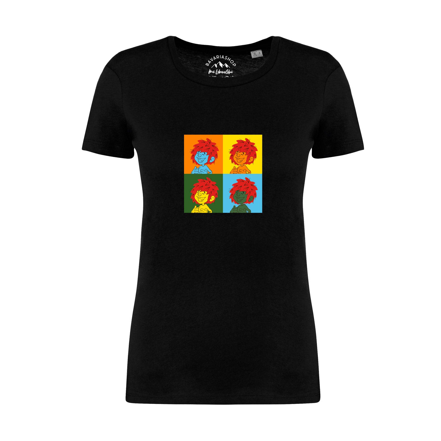 Damen T-Shirt mit Pumuckl Pop-Art-Motiv auf der Front aus 100 % Bio-Baumwolle, Grammatur 180 g/m²