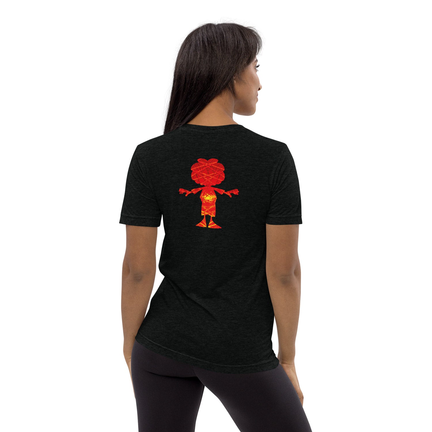 Schwarzes Damen-T-Shirt mit farbigem Pumuckl-Motiv vorne und Rückseite, aus 100 % Bio-Baumwolle, Sonderedition.
