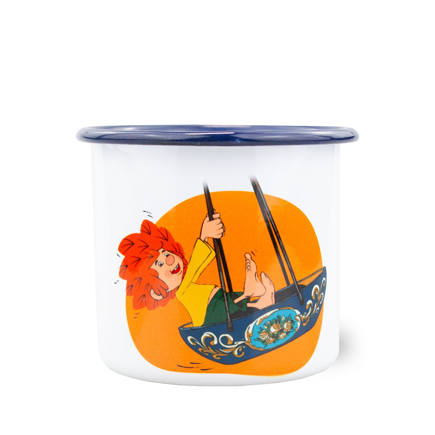 Emaille-Tasse mit Pumuckl-Motiv, blauem Rand und Aufschrift „Schiffschaukel“, orange-weiß, ca. 350 ml, Ø 8 cm.