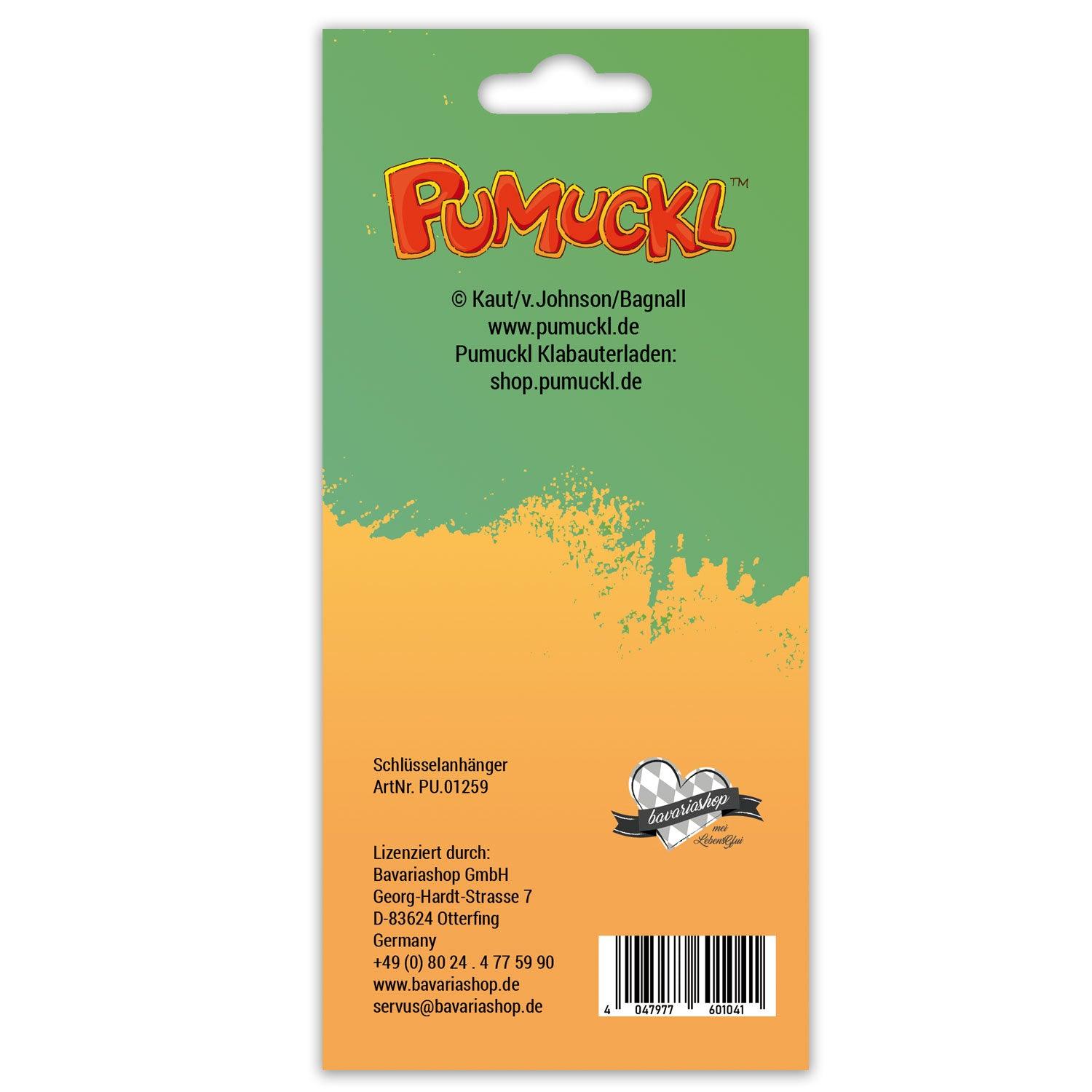 Bunte Verpackung des Pumuckl Schlüsselanhängers mit Logo und Lizenzhinweisen, ideal für Fans und als Geschenk.