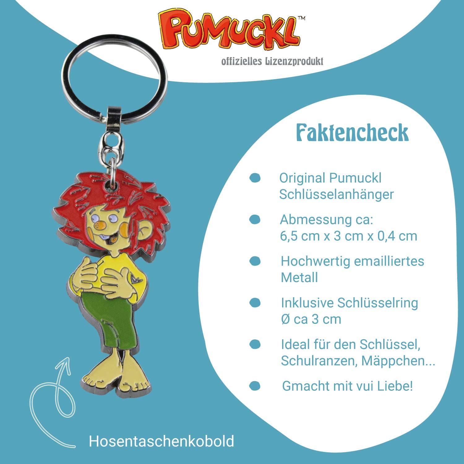 Pumuckl Schlüsselanhänger, emailliertes Metall, mit rotem Haar und grün-gelber Kleidung, inklusive Schlüsselring.