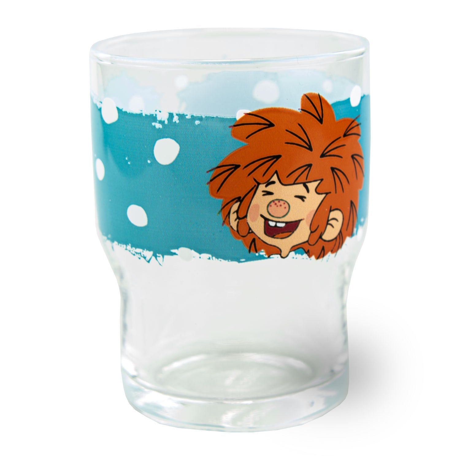 Pumuckl Kinder Trinkglasset, klares Glas mit blauem Design und fröhlichem Pumuckl-Motiv, langlebig.