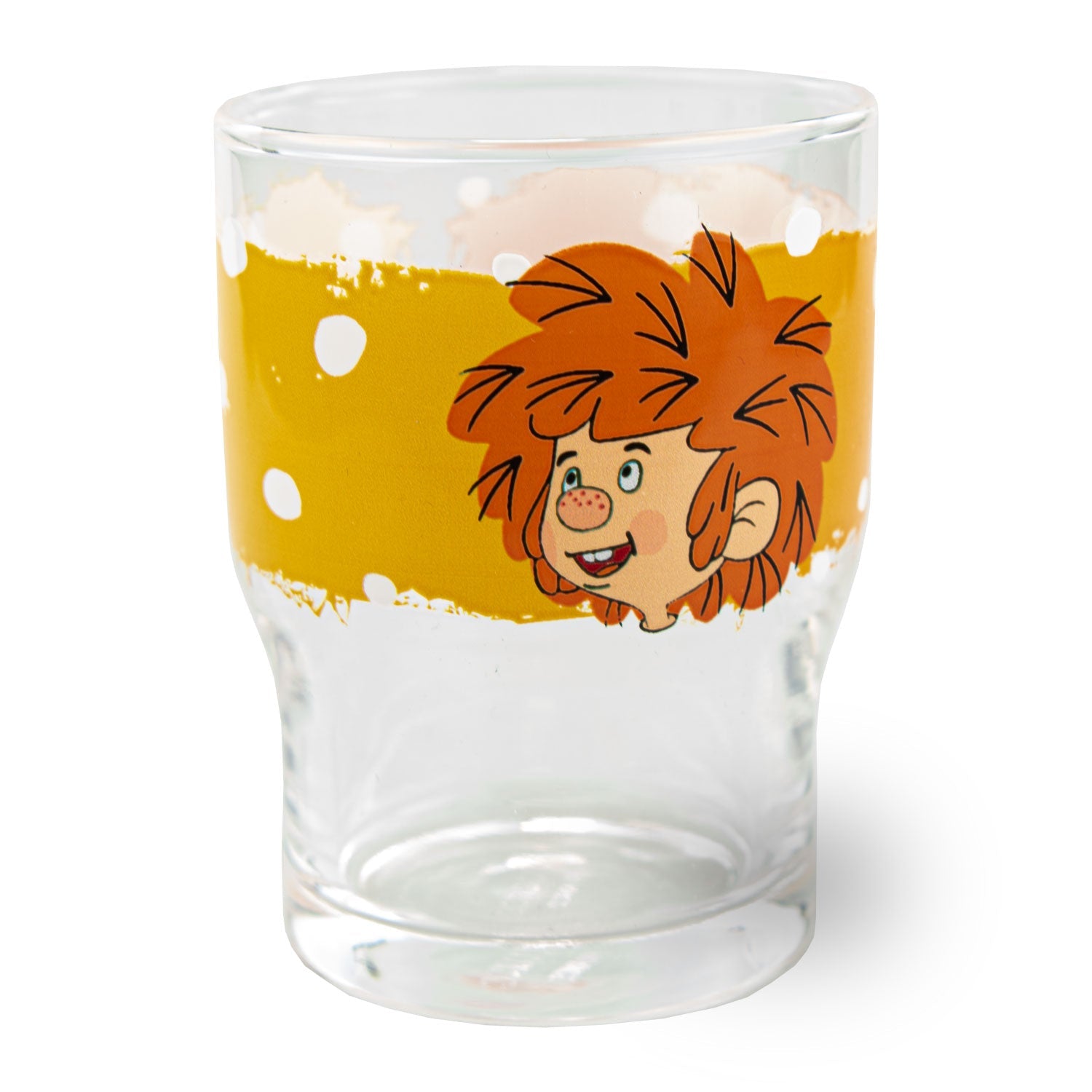 Pumuckl Kinder Trinkglasset: transparentes Glas mit gelbem Aufdruck und fröhlichem Pumuckl Gesicht