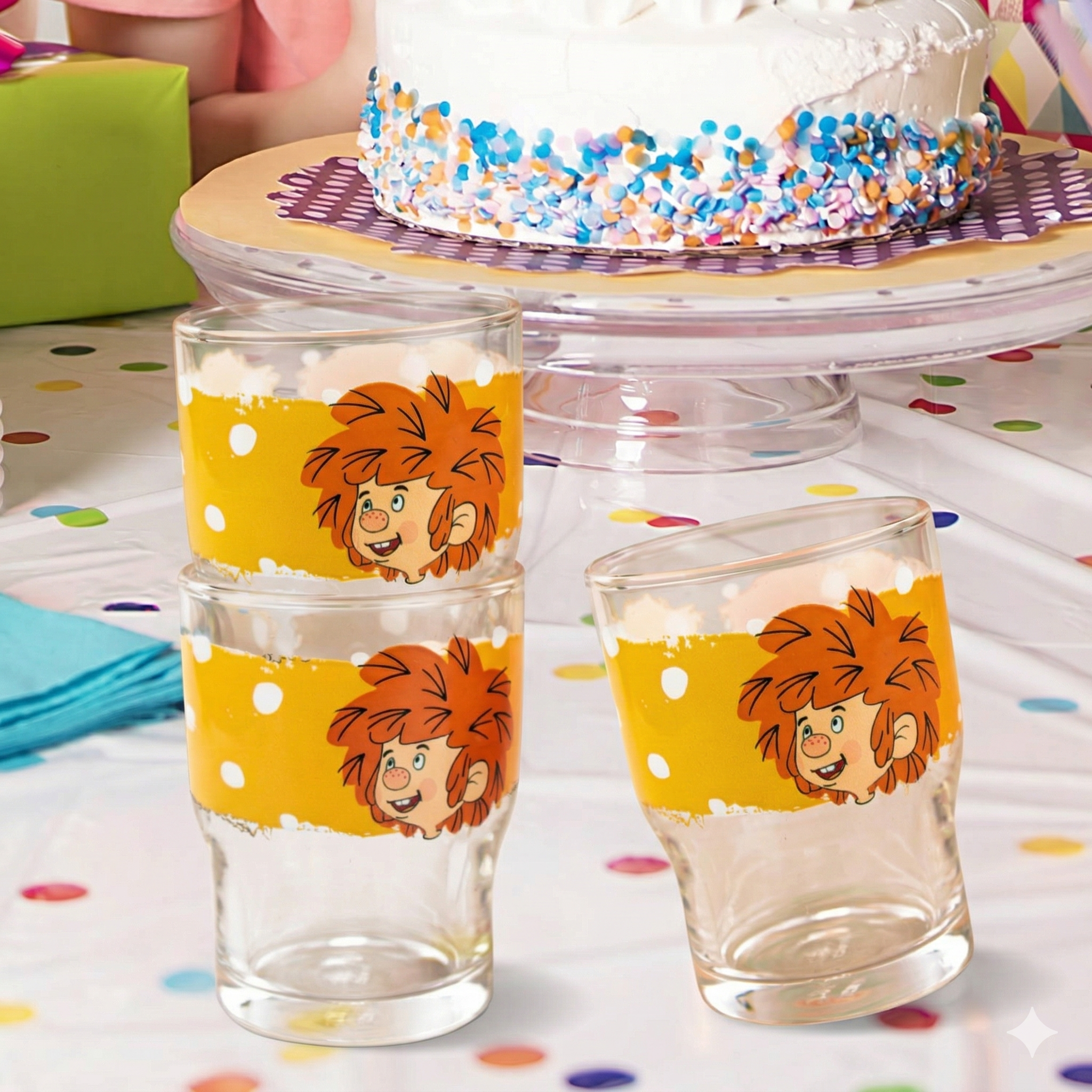 Pumuckl Glas-Set für Kinder mit gelbem Punktdesign und dem lachenden Kobold ideal für Geburtstage.