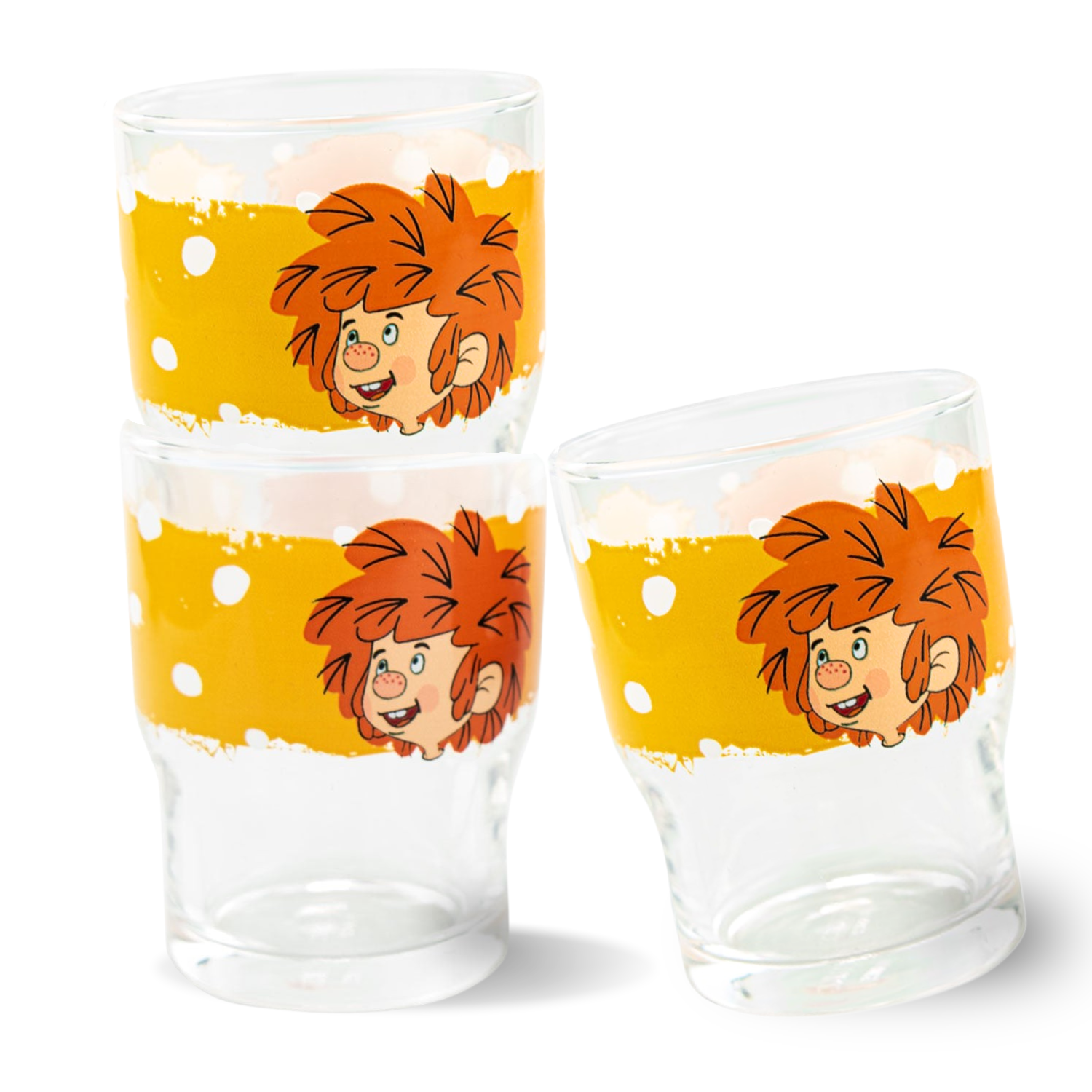 3 Pumuckl Kindergläser aus Glas mit gelbem Rumpelwicht Aufdruck und weißen Punkten im Set.