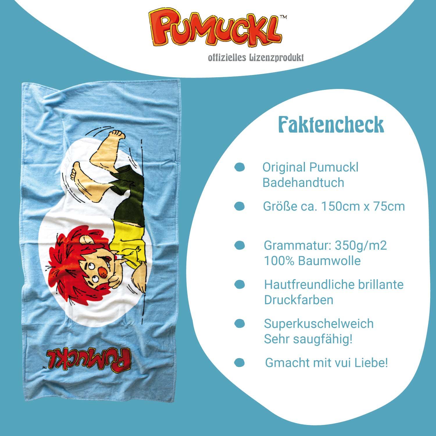 Hellesblaues Pumuckl Badetuch XXL mit lachendem Pumuckl-Motiv, aus Baumwolle, superkuschelweich und saugfähig.