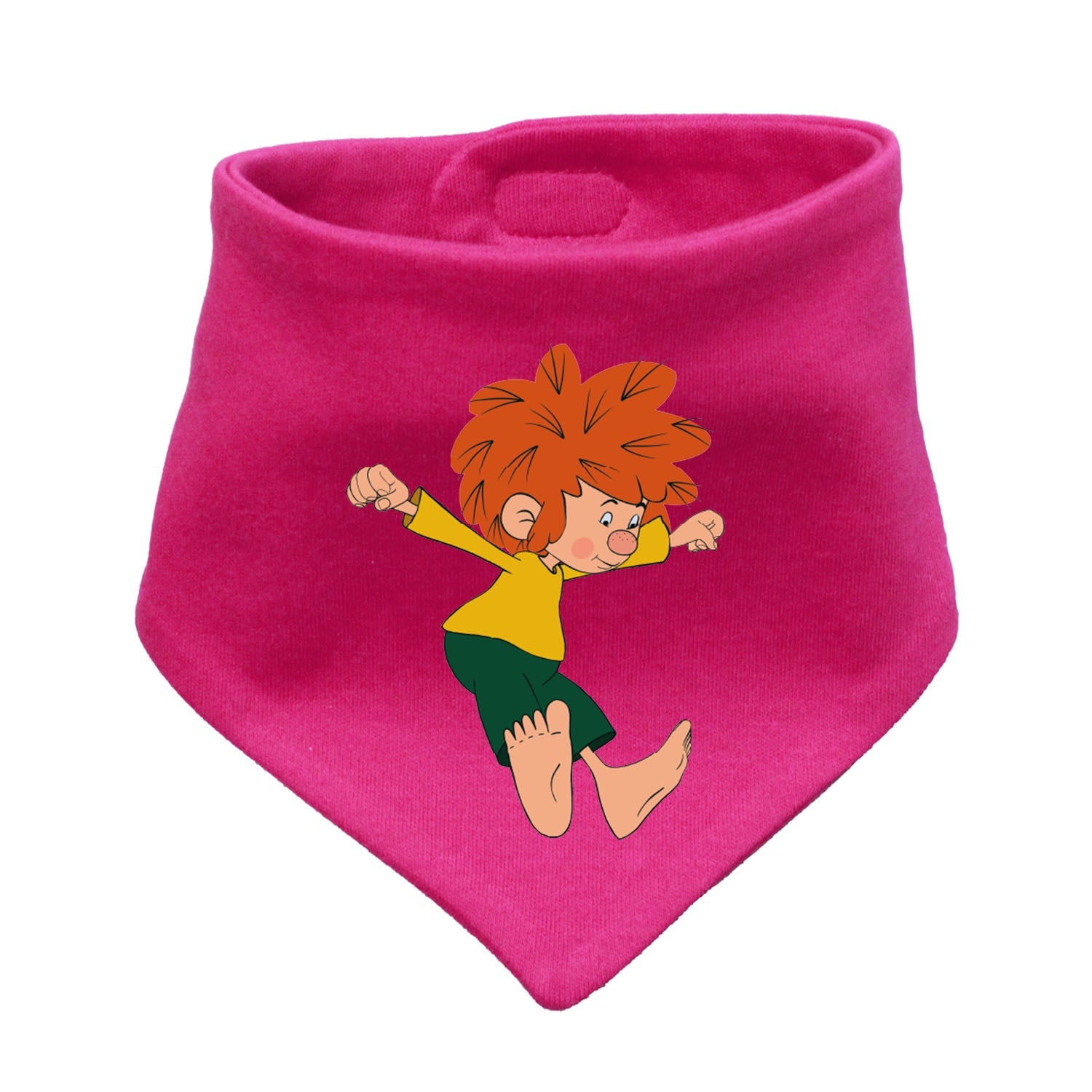 Fuchsiafarbenes Pumuckl Hunde-Halstuch "Bin a dabei" mit lachendem Pumuckl und roten Haaren beim Hüpfen