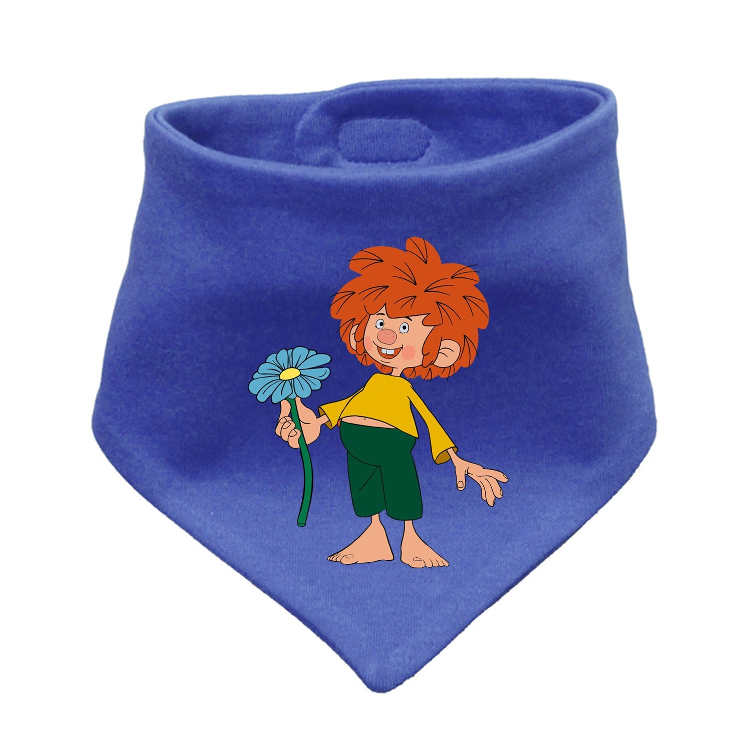 Pumuckl Hunde-Halstuch Schabernack, blaues Bandana mit lachendem Pumuckl und blauer Blume.