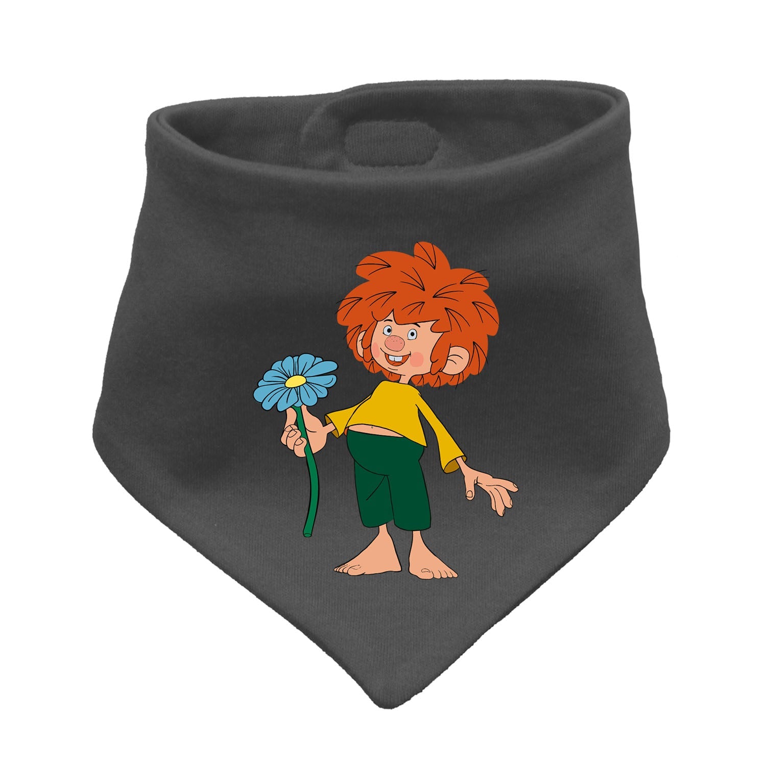 Graues ®Pumuckl Hunde-Halstuch "Schabernack" mit Kobold-Motiv, der eine blaue Blume hält.