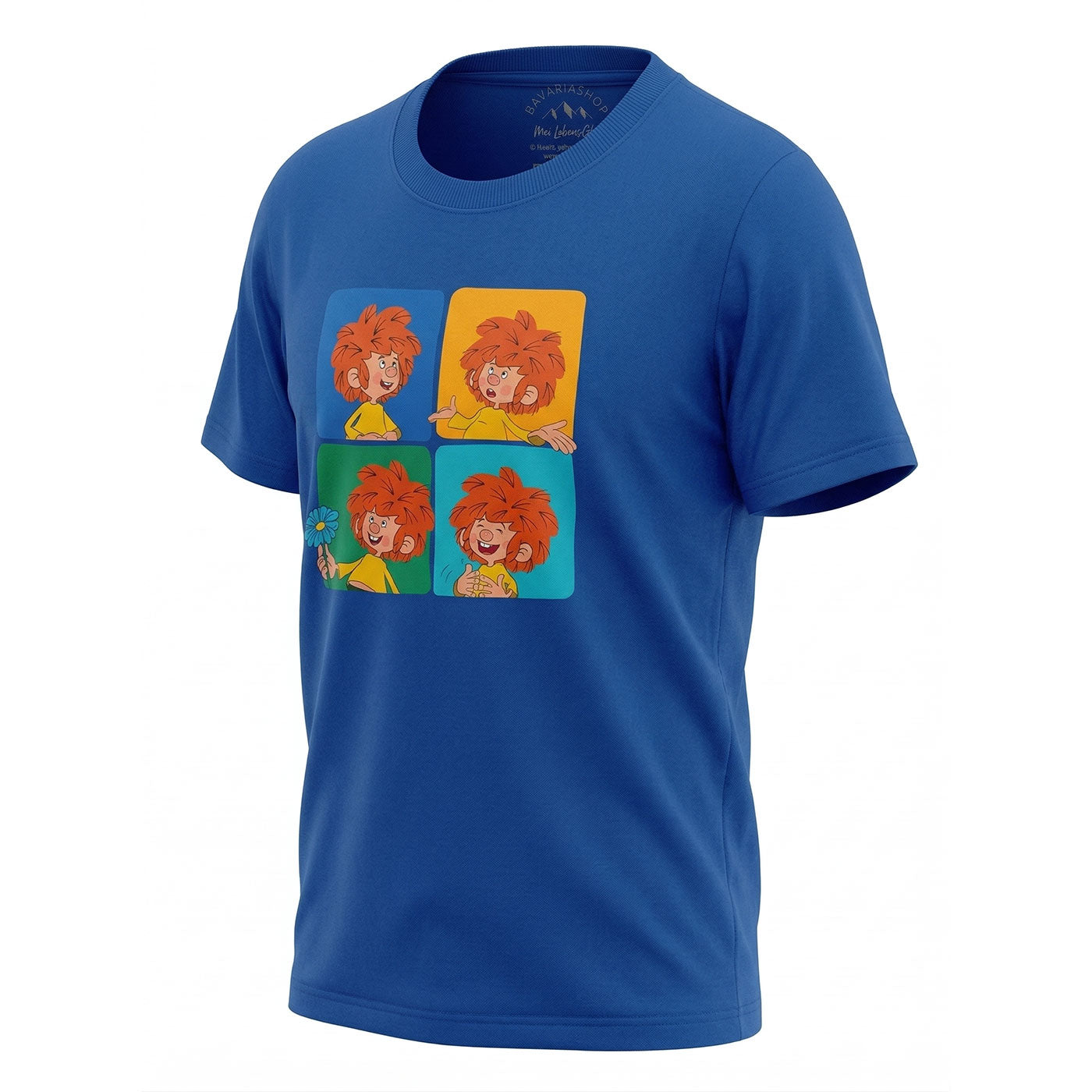 Blaues Kinder T-Shirt mit farbenfrohem Pumuckl-Motiv in vier verschiedenen Stimmungen und Posen