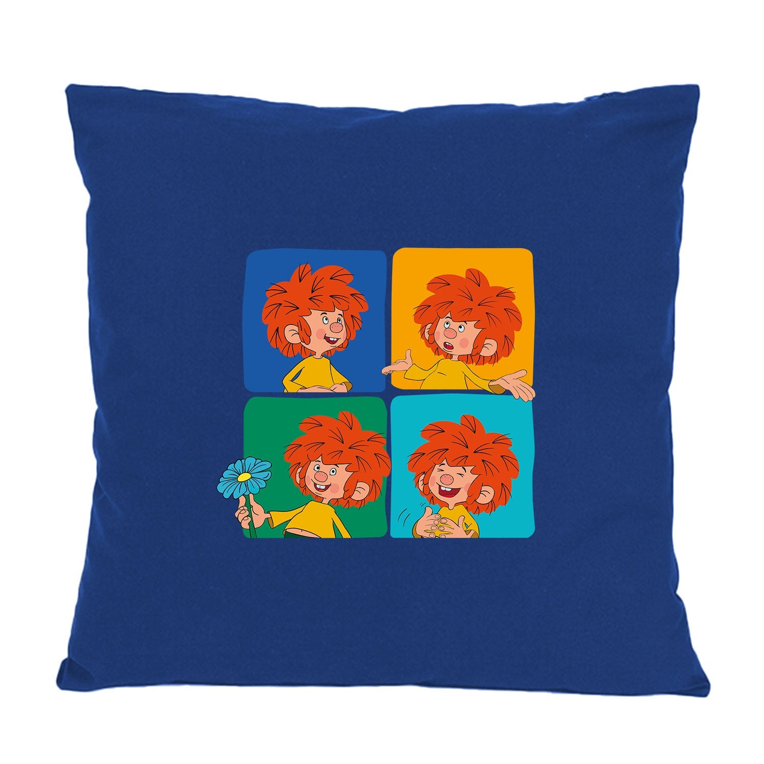 Pumuckl Kissen Meisterwerk dunkelblau mit vier Comic-Bildern des Pumuckl in verschiedenen Stimmungen.