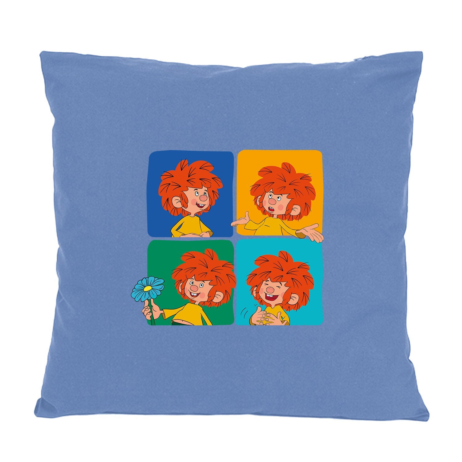 Pumuckl Kissen "Meisterwerk" mit vier bunten Quadraten, die Pumuckl in verschiedenen lustigen Posen zeigen, aus blauem Stoff.