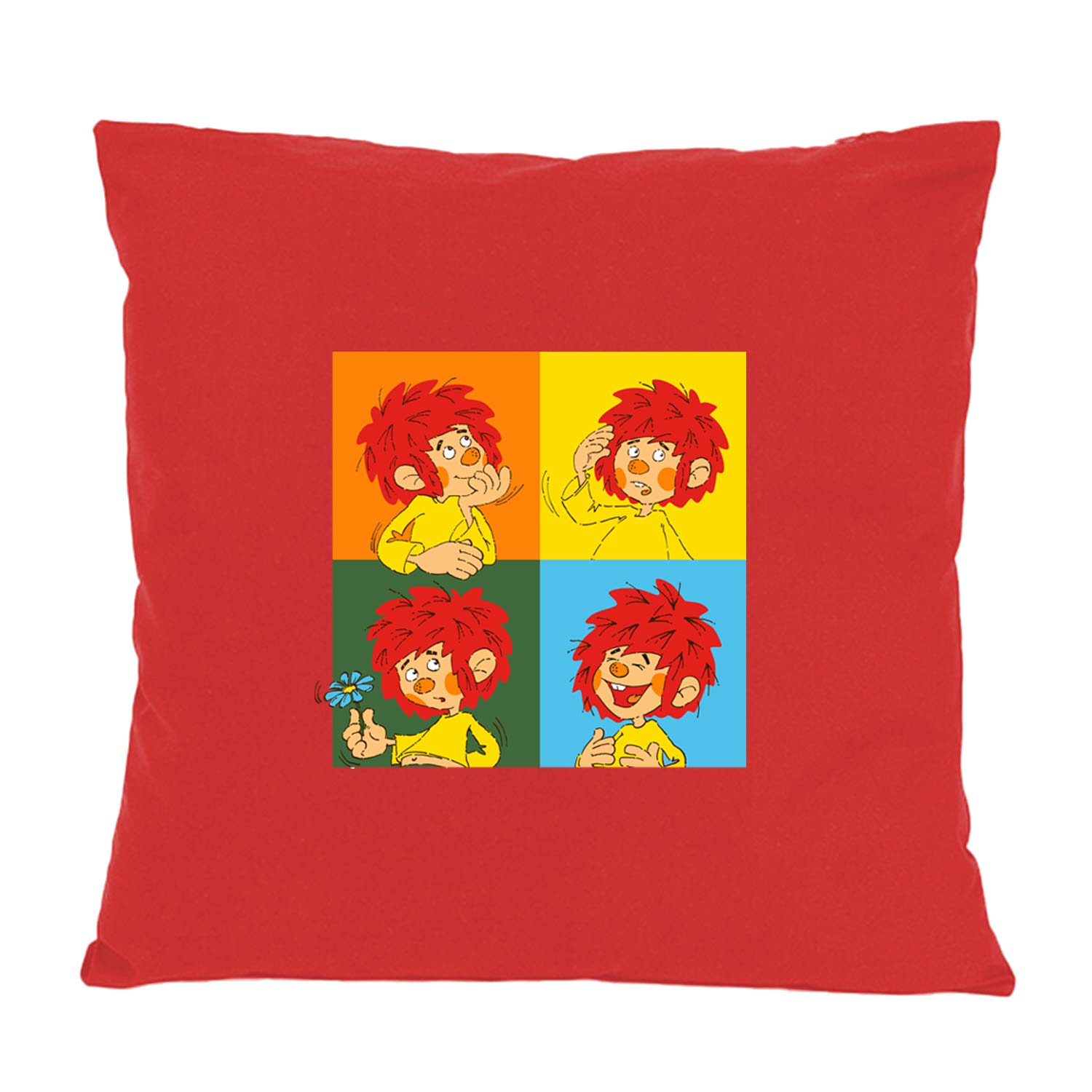 Rotes Kissen mit buntem Pumuckl-Design, das den Kobold in vier verschiedenen Stimmungen darstellt.